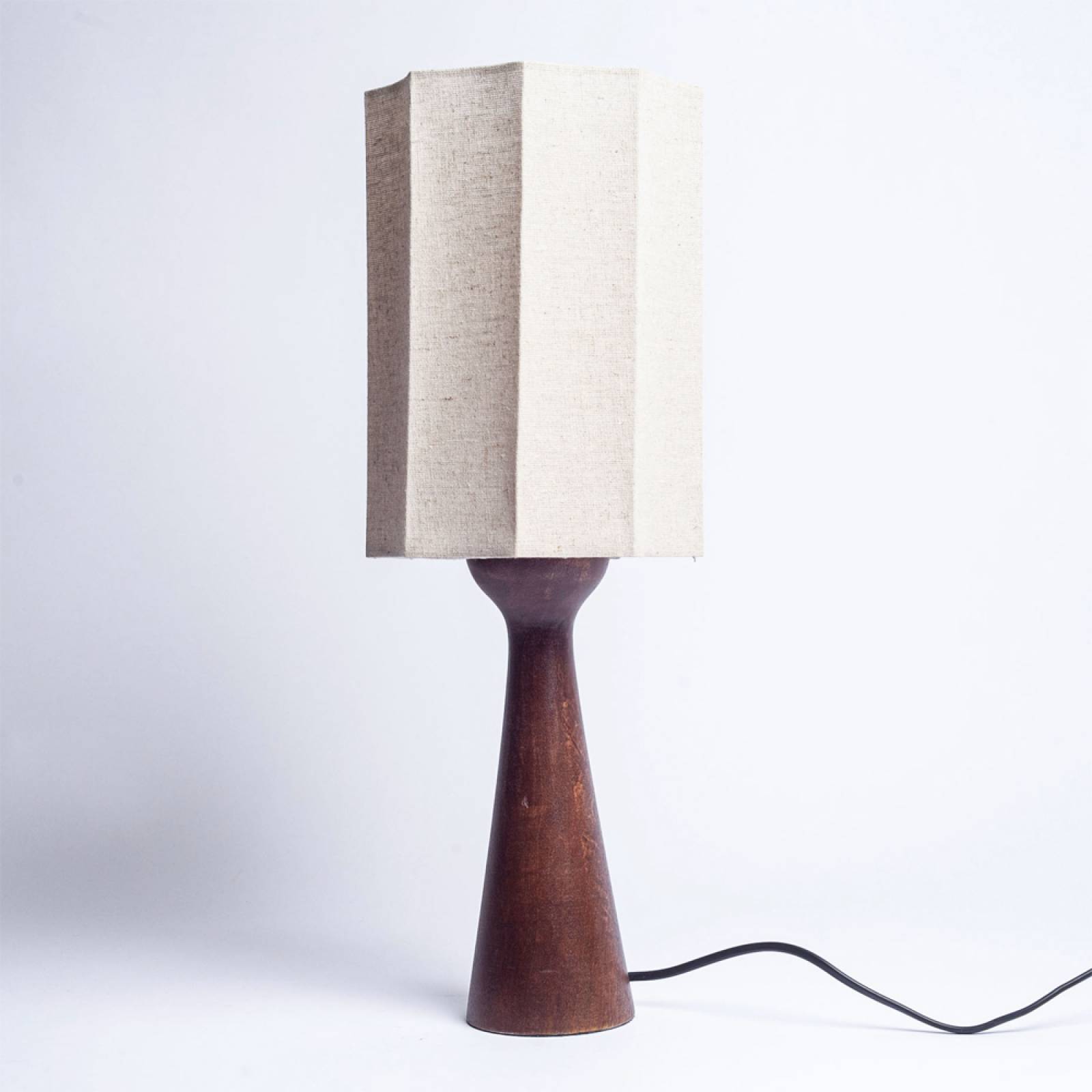 Short Wooden Table Lamp In Russet With Octagonal Linen Shade