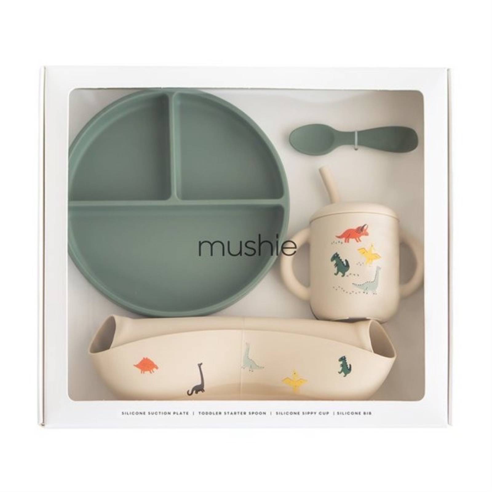 Silicone Toddler Feeding Set In Green Dinosaurs 6m+