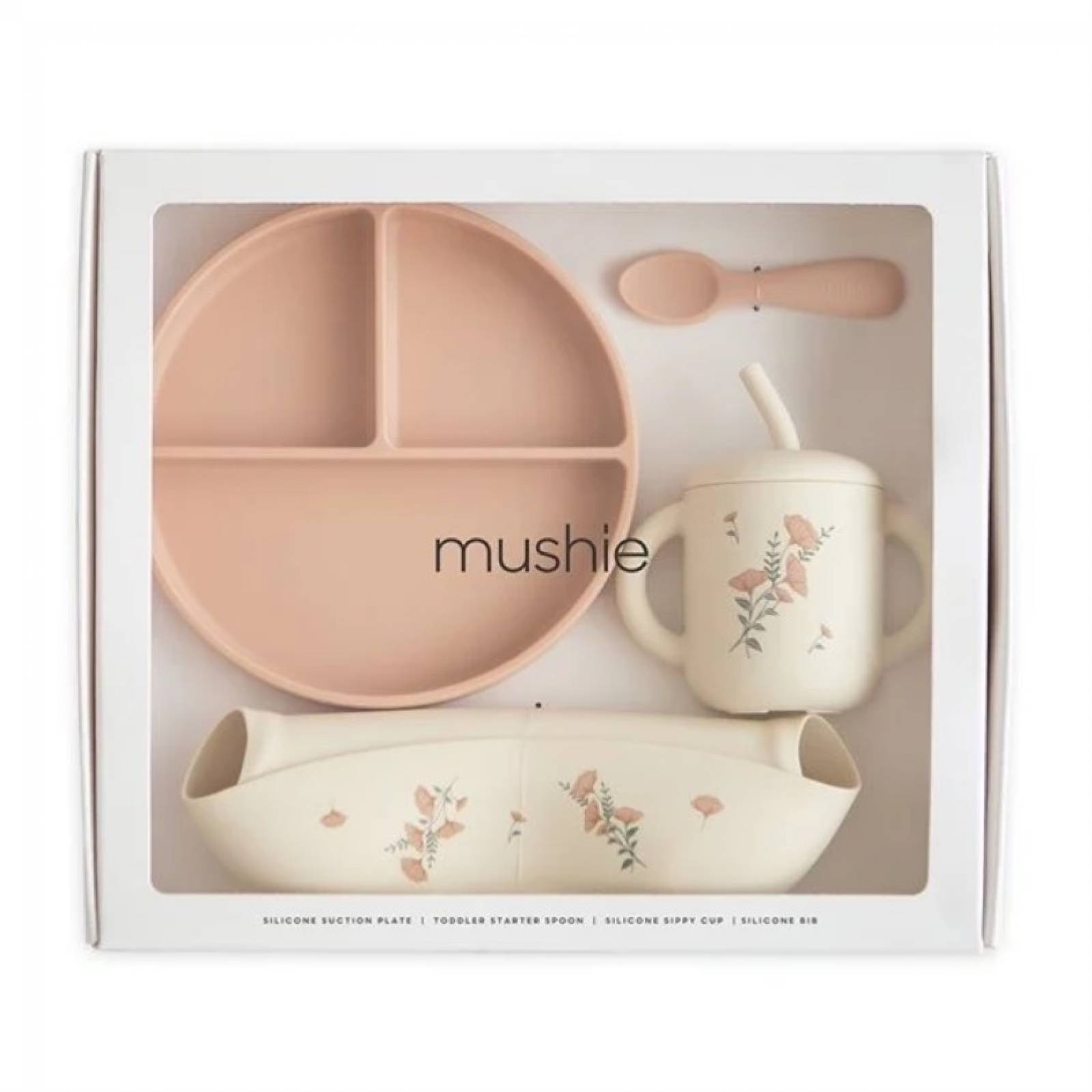 Silicone Toddler Feeding Set In Pink Flowers 6m+