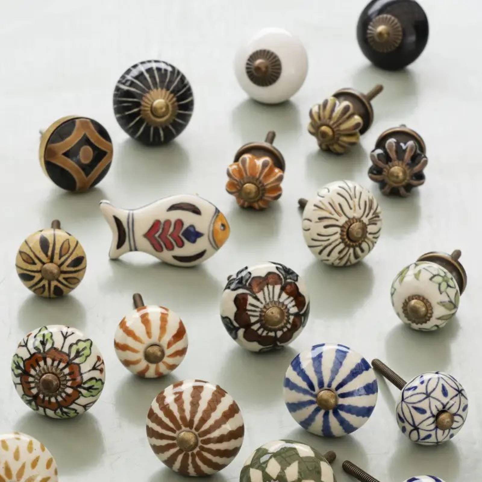 Single Hand Painted Stoneware Doorknob In Brown, Black & Sand thumbnails