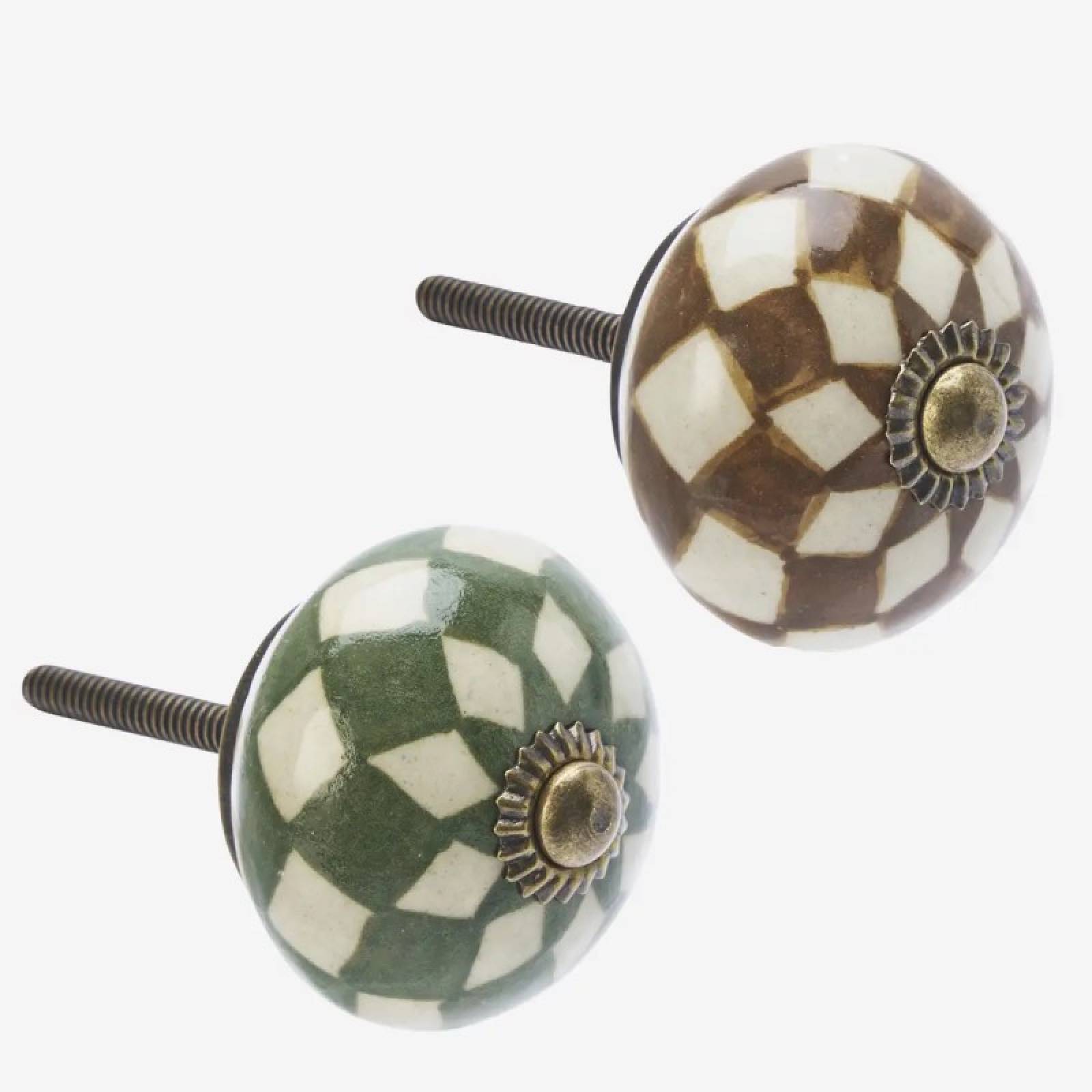 Single Handmade Stoneware Doorknob In Green Or Brown Harlequin
