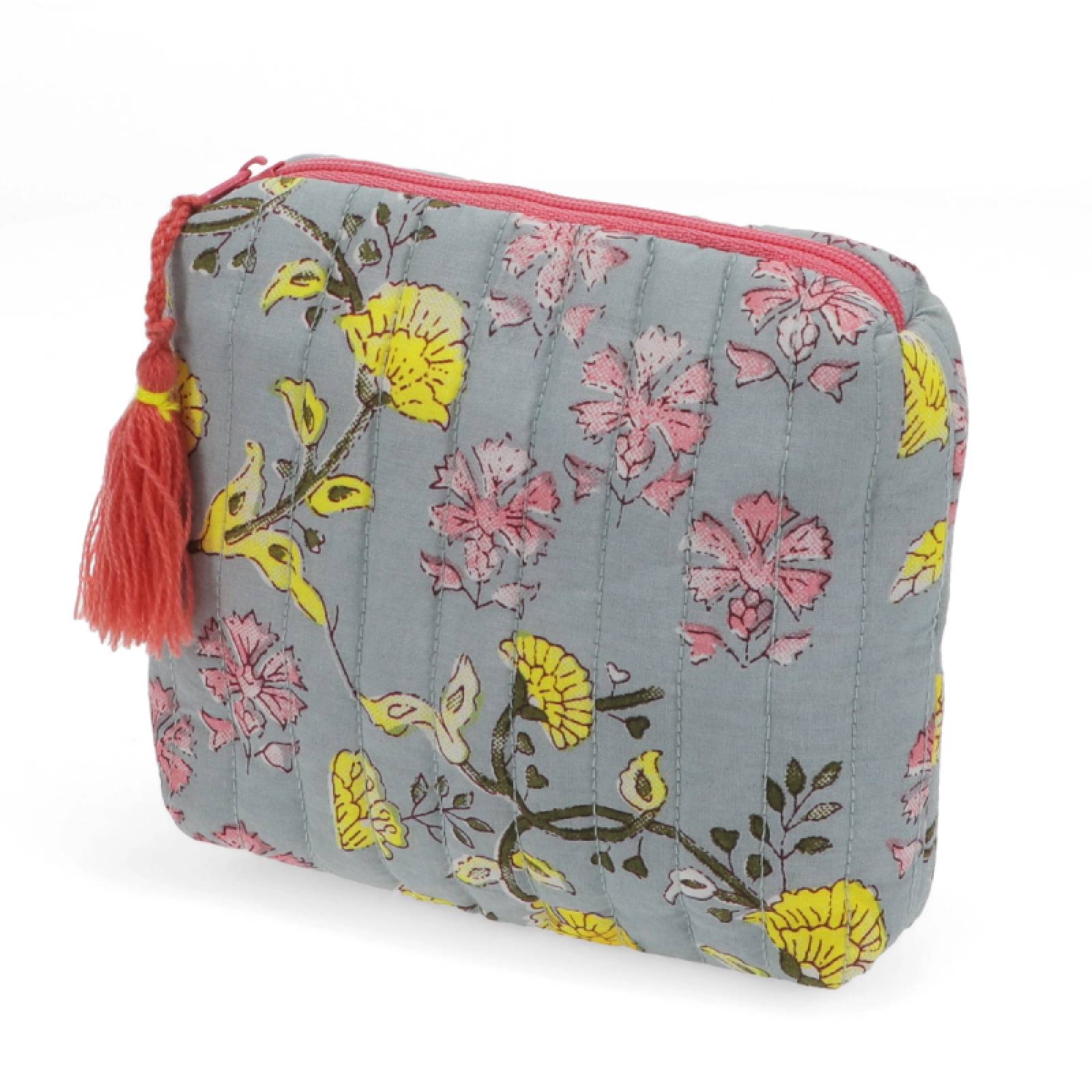 Small Cotton Wash Bag In Grey And Pink Floral Block Print