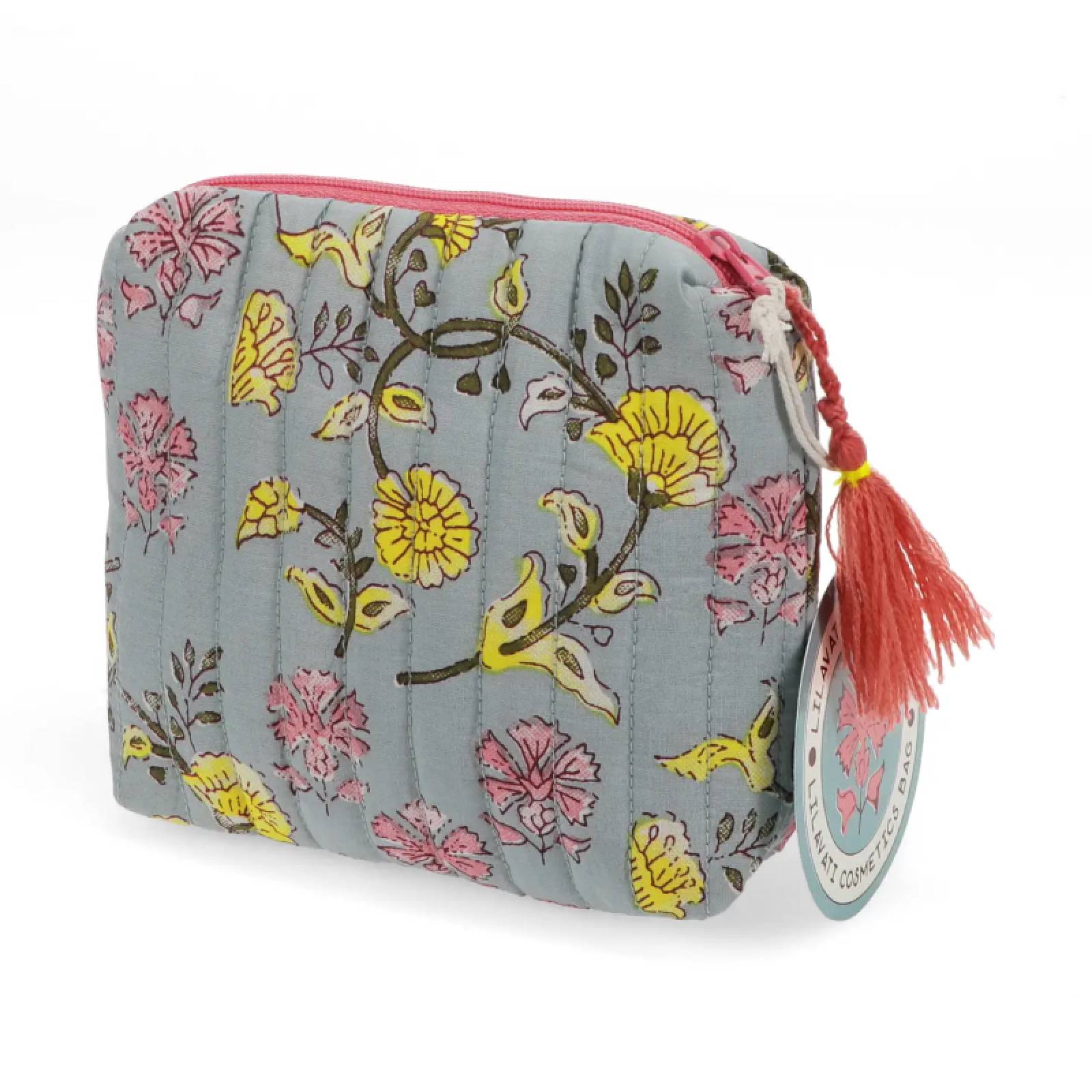 Small Cotton Wash Bag In Grey And Pink Floral Block Print thumbnails