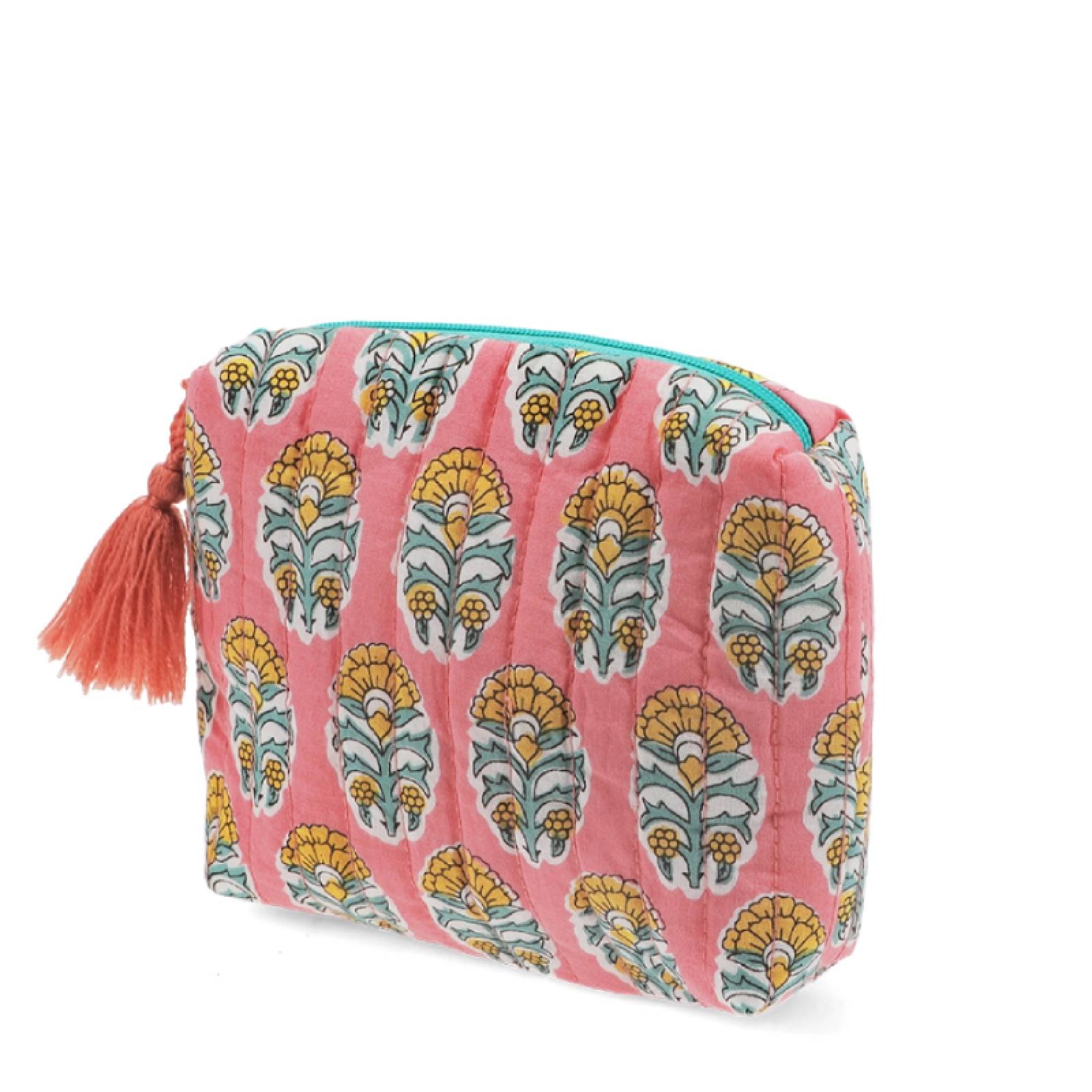 Small Cotton Wash Bag In Pink And Blue Floral Block Print