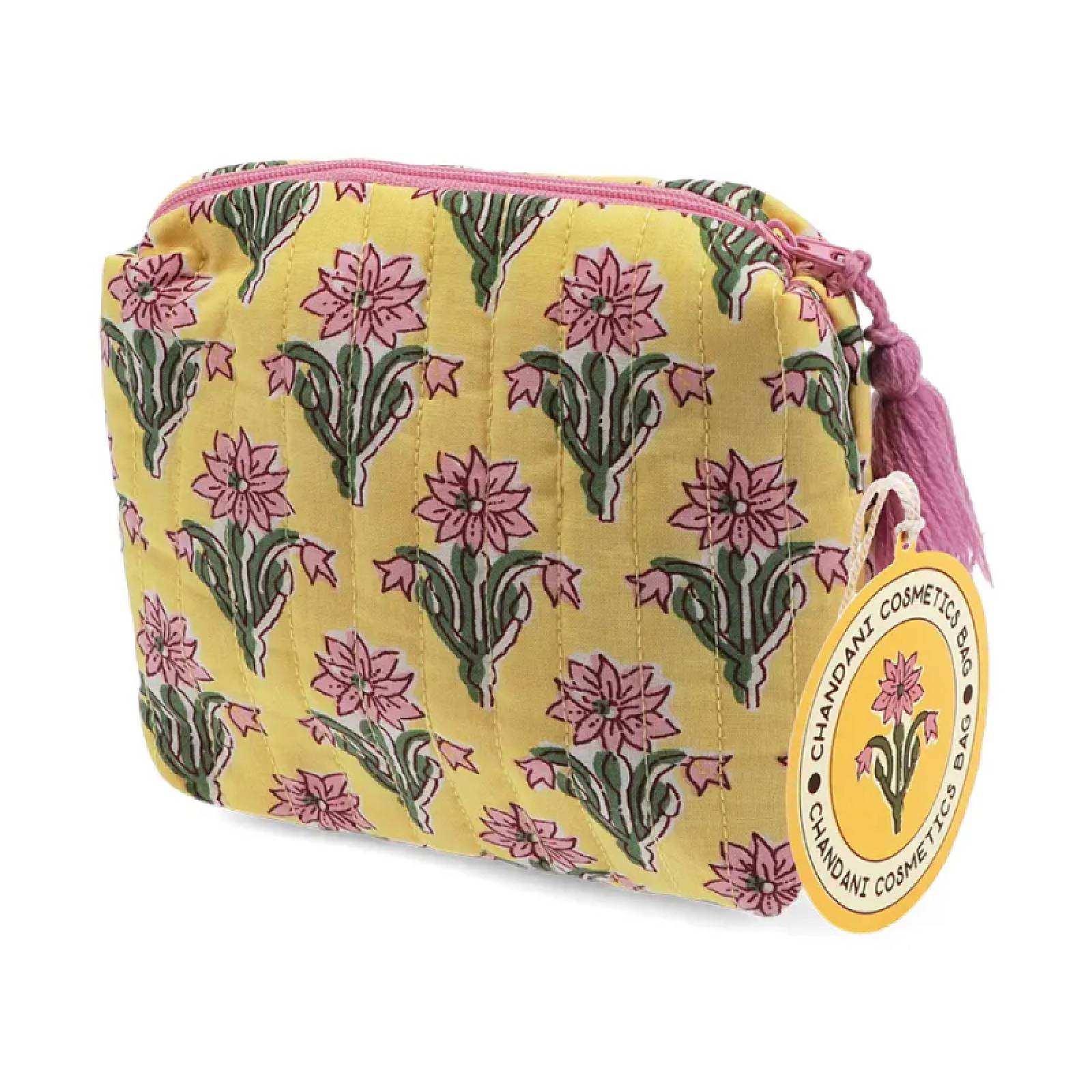 Small Cotton Wash Bag In Yellow And Pink Floral Block Print thumbnails