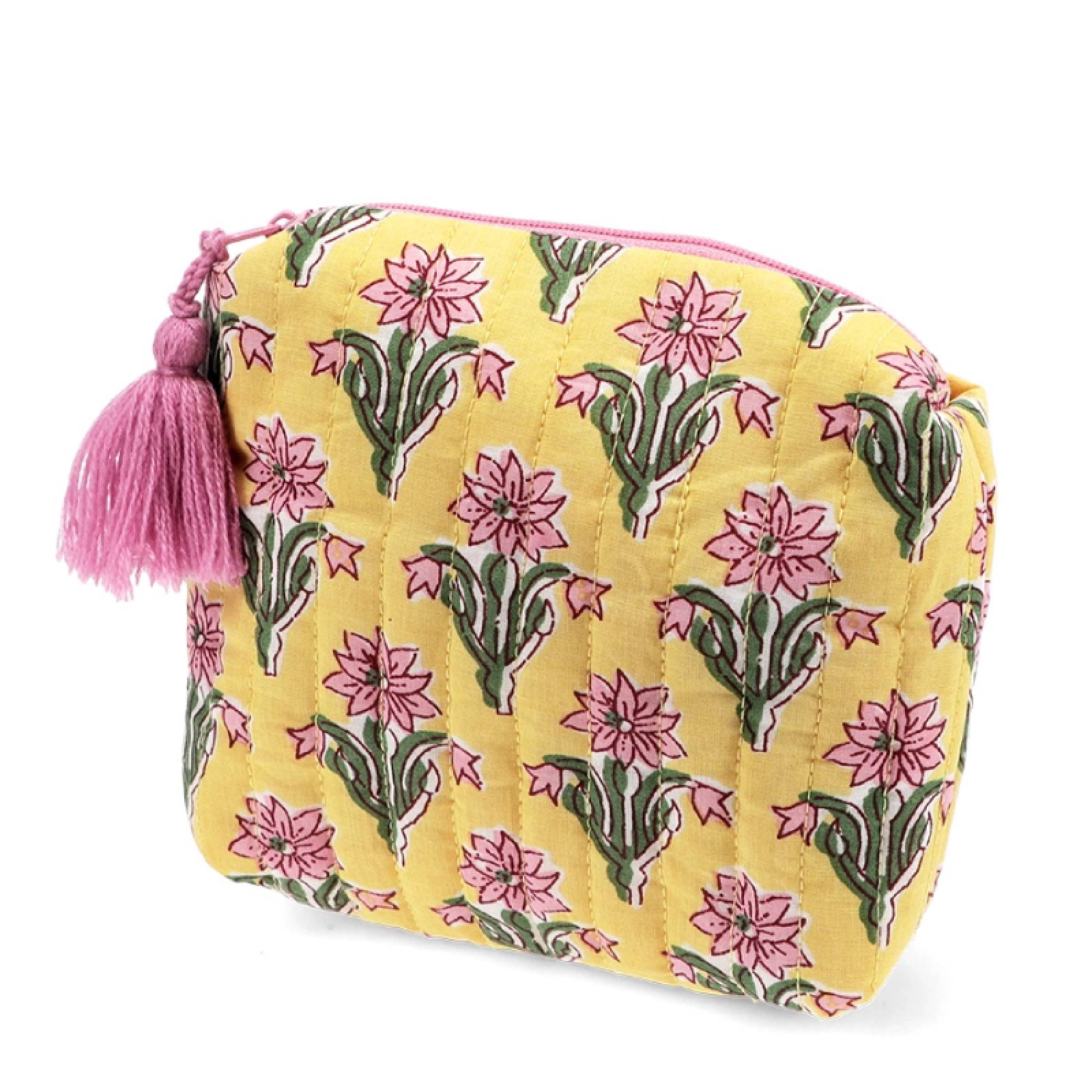 Small Cotton Wash Bag In Yellow And Pink Floral Block Print
