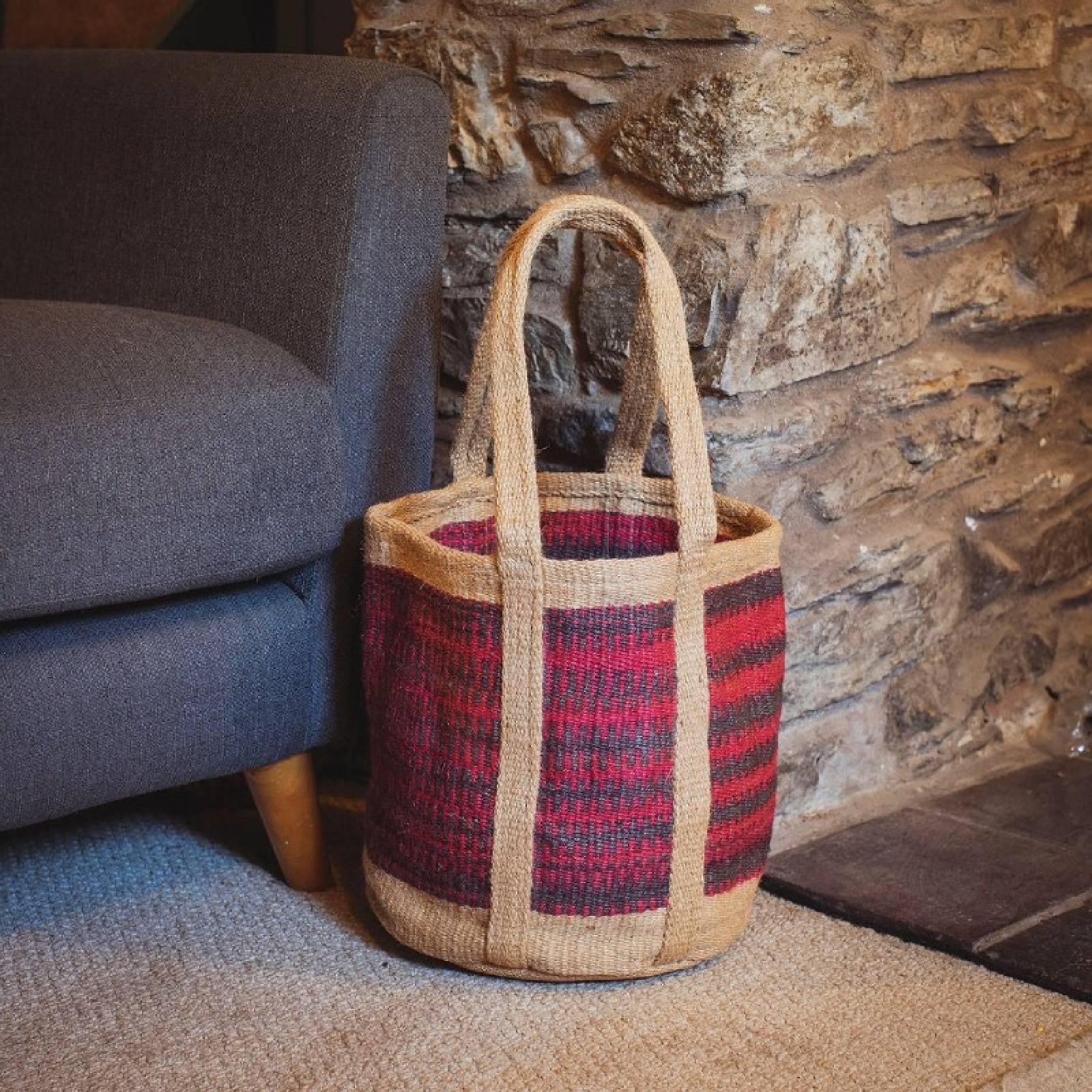 Small Jute Basket With Handles In Black & Pink