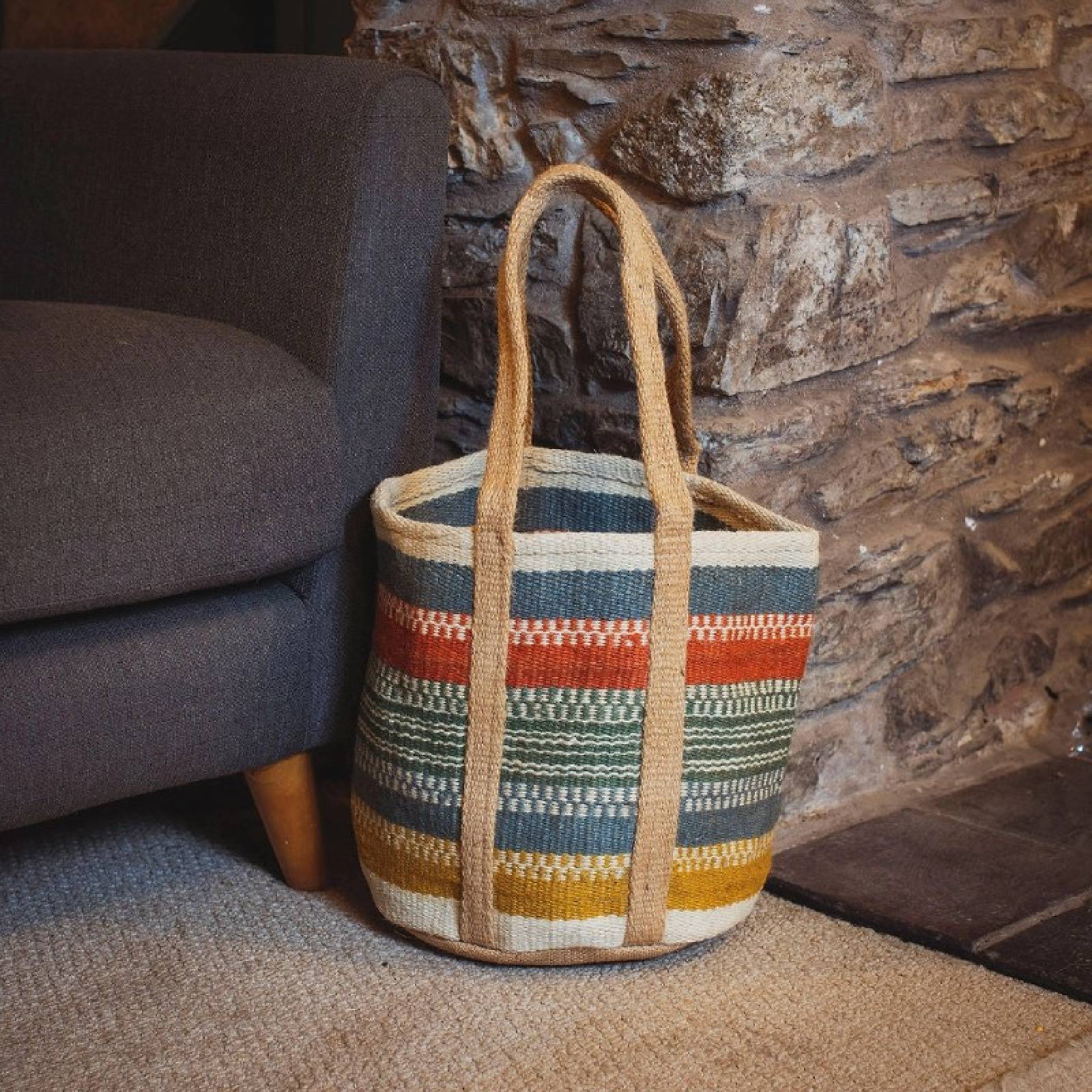 Small Jute Basket With Handles In Multi-Colour Stripe