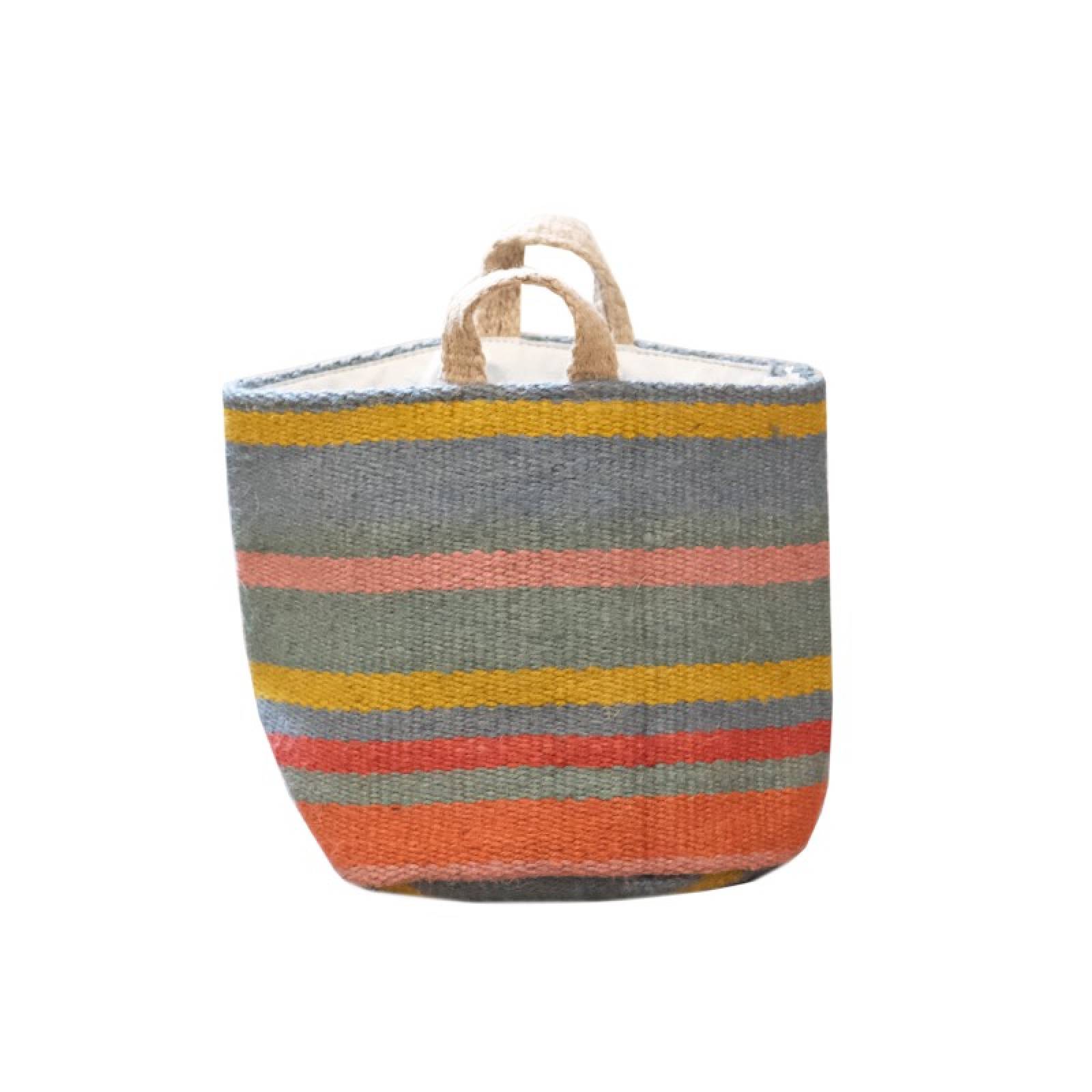 Small Jute Storage Basket In Blue, Orange & Pink Stripe 20x20cm