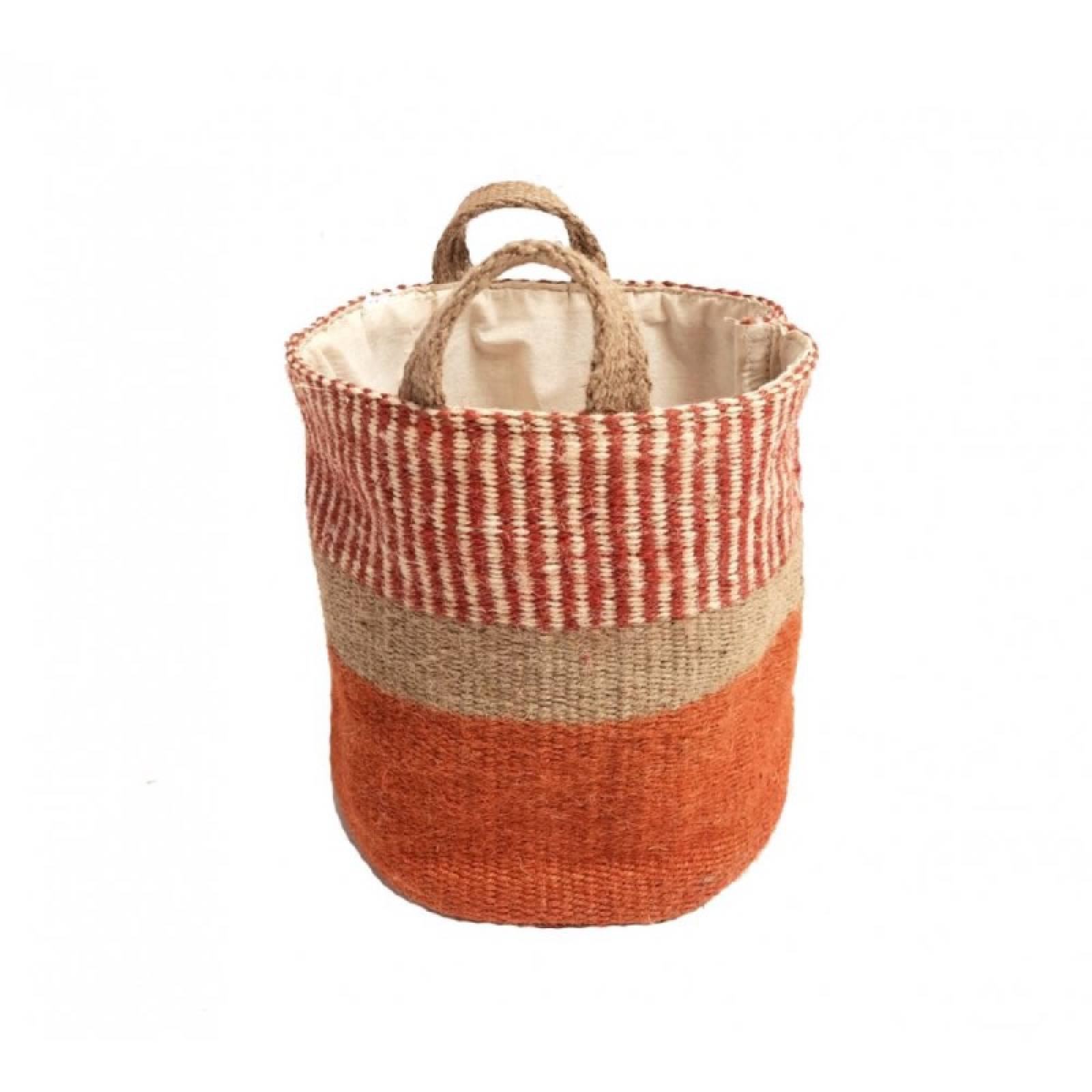 Small Jute Storage Basket In Rust & Beige Stripe 20x20cm