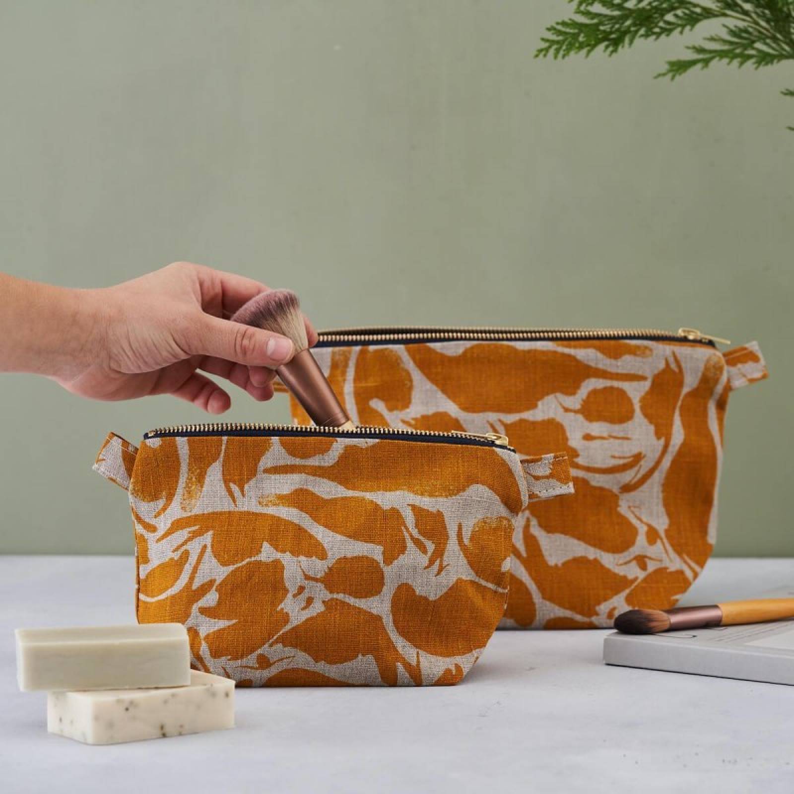 Small Linen Wash Bag In Yellow Creatures Print thumbnails