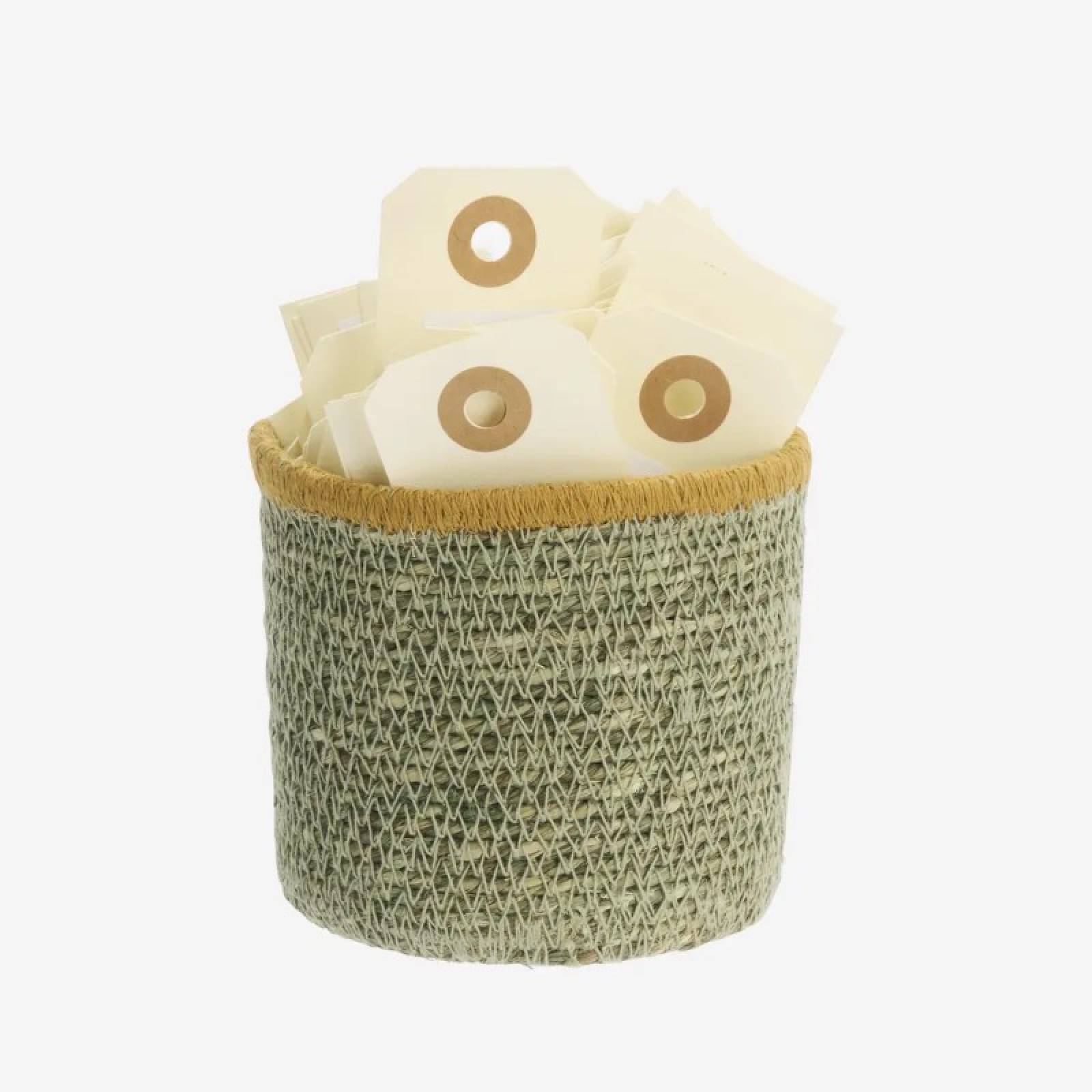 Small Round Seagrass Basket In Green With Yellow Trim