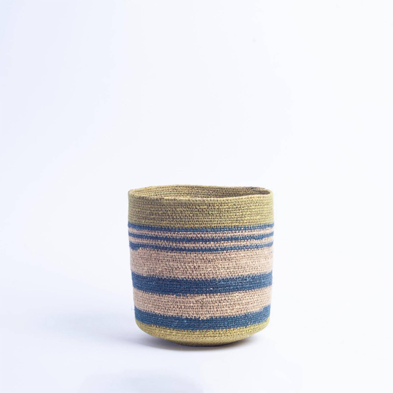 Small Seagrass Basket With Blue Stripes & Green Trim H:23cm