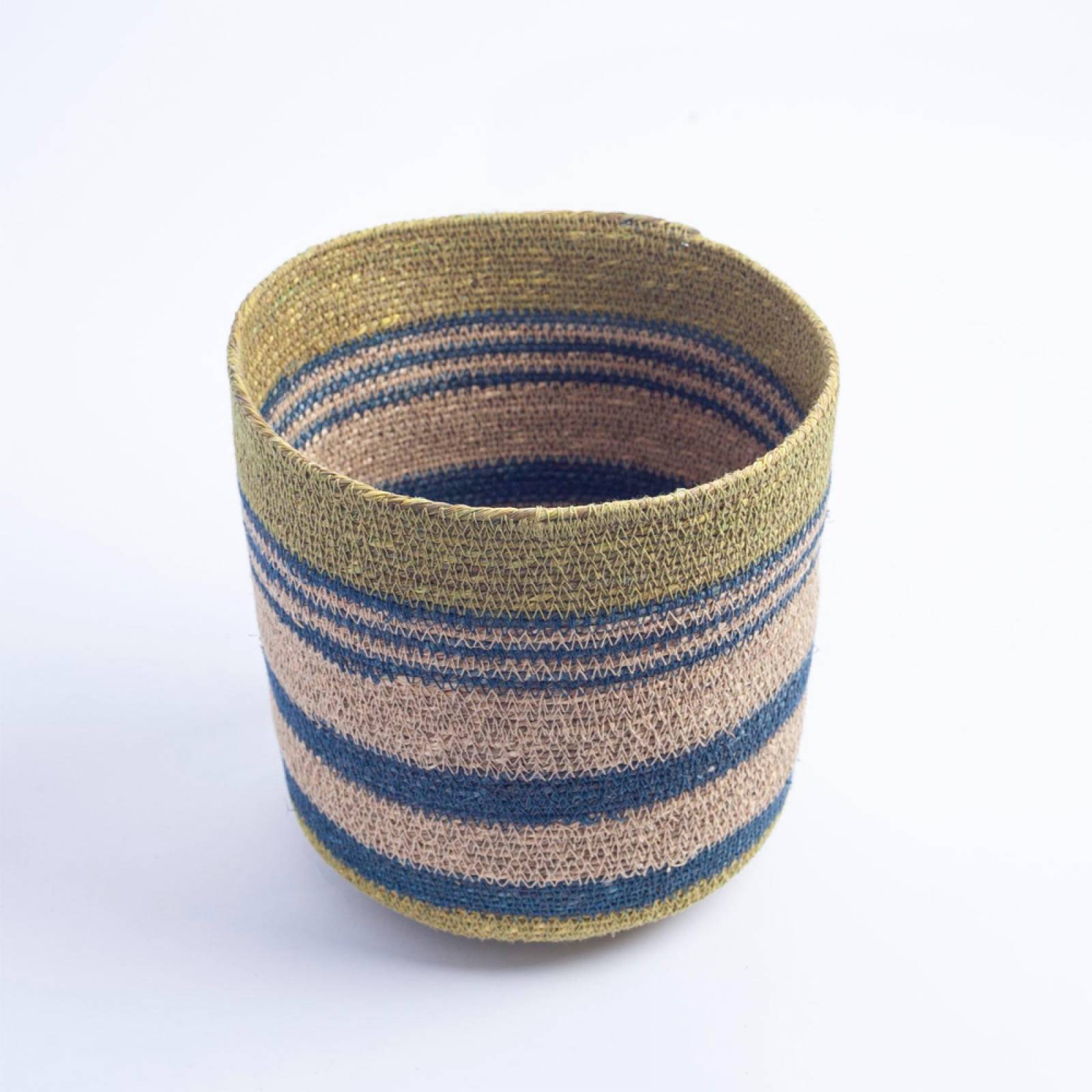 Small Seagrass Basket With Blue Stripes & Green Trim H:23cm thumbnails