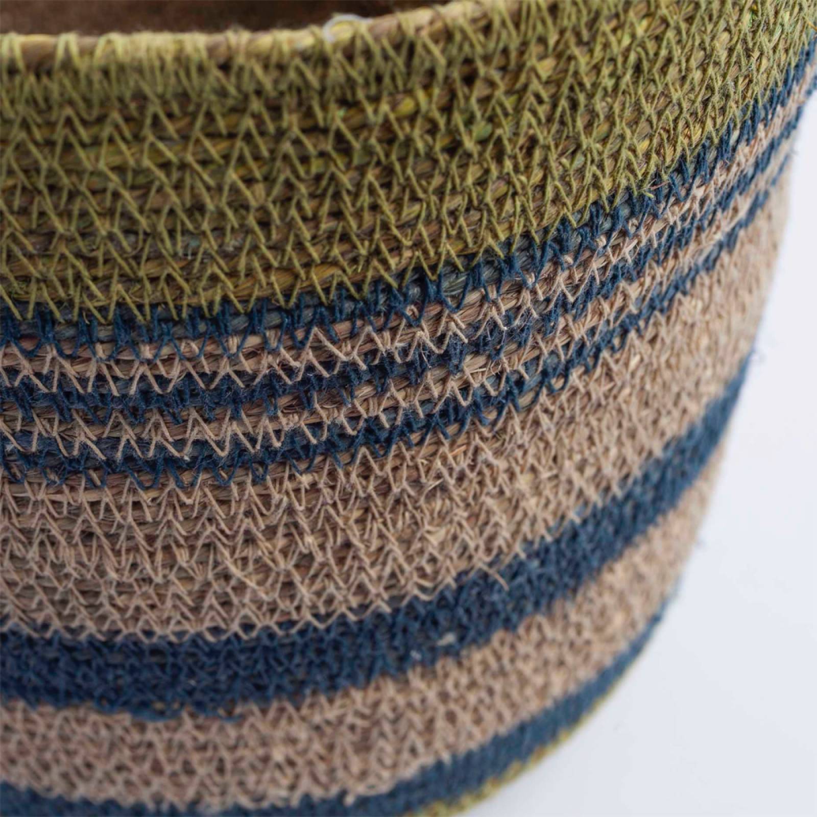 Small Seagrass Basket With Blue Stripes & Green Trim H:23cm thumbnails