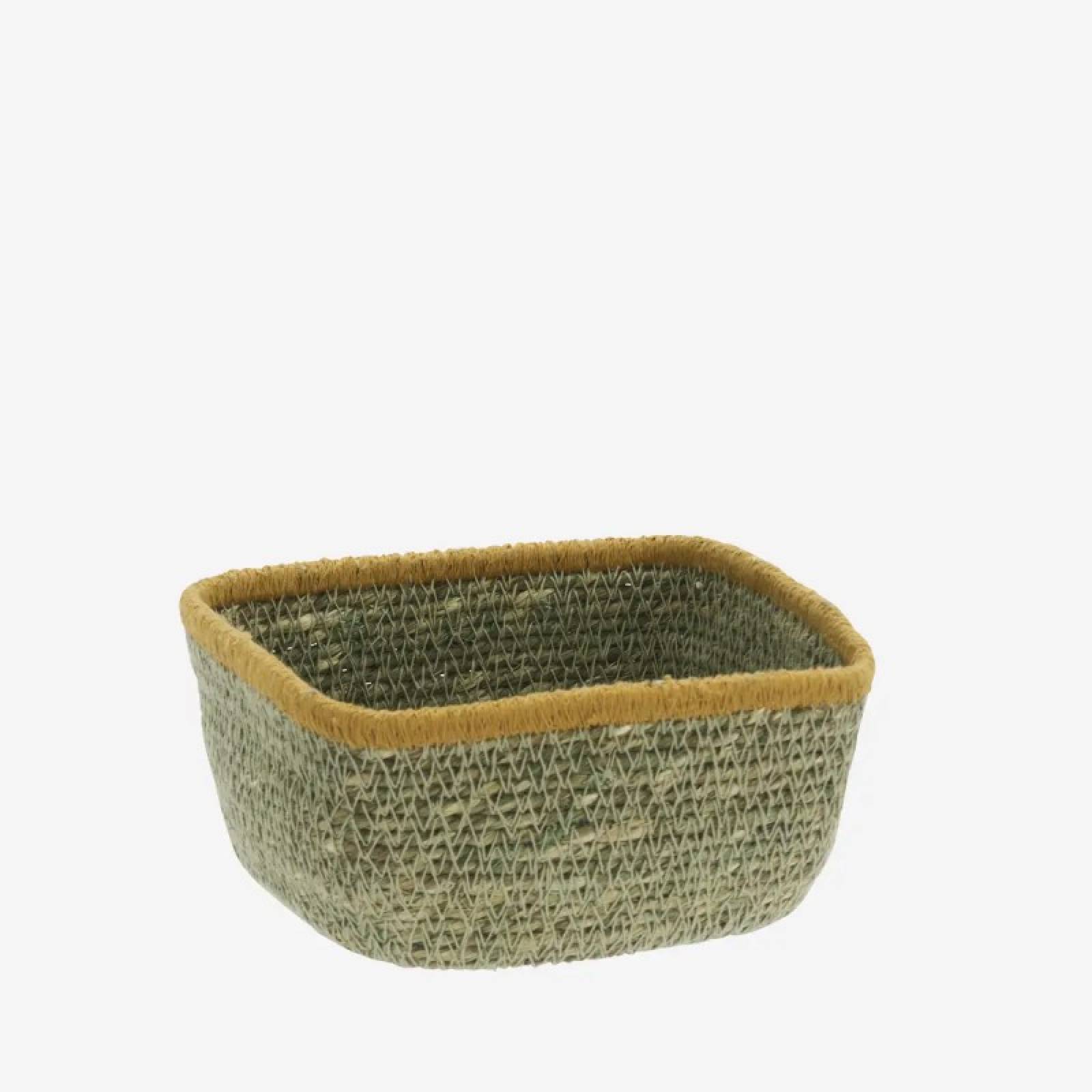 Small Square Seagrass Basket In Green With Yellow Trim