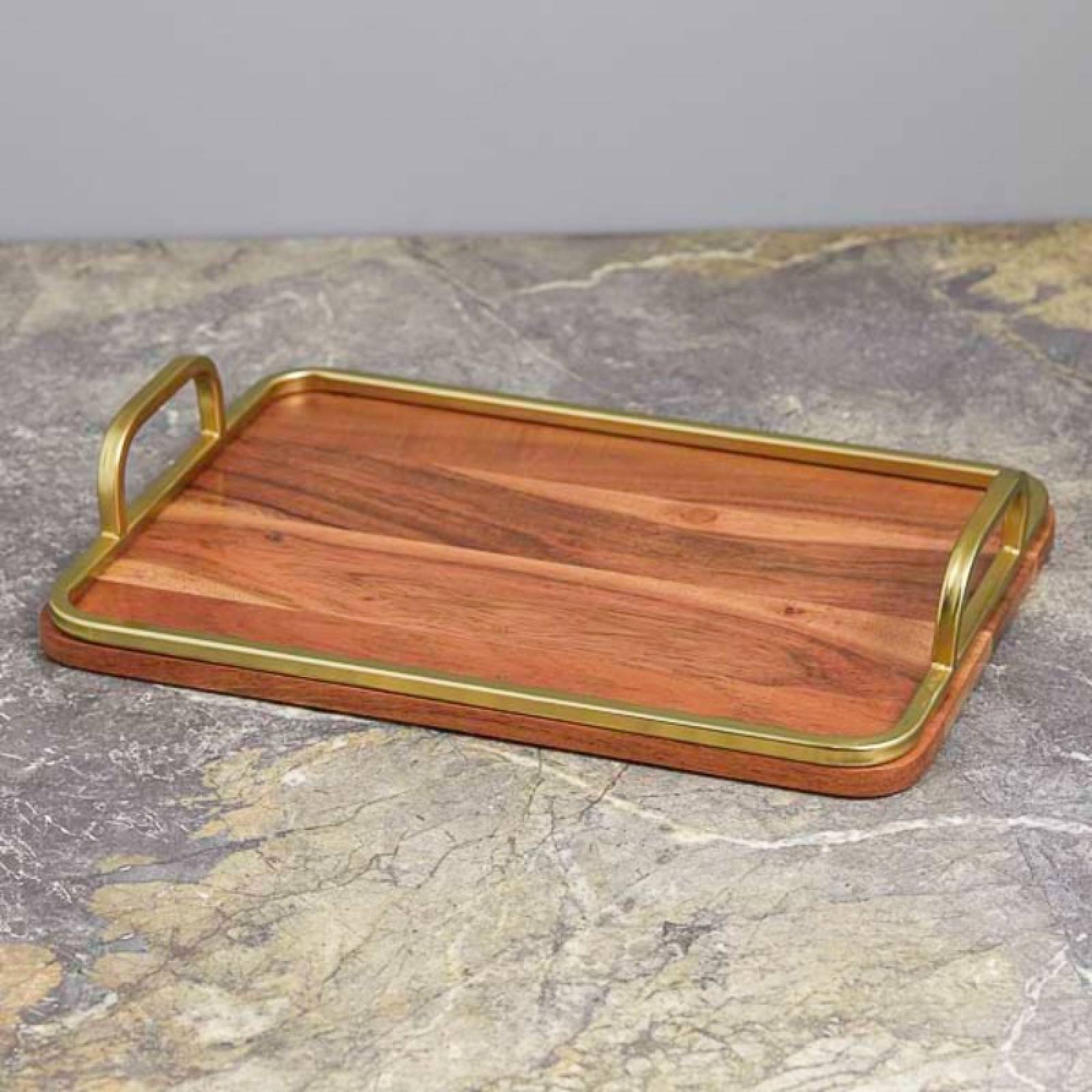 Small Teak Tray With Brass Trim & Handles
