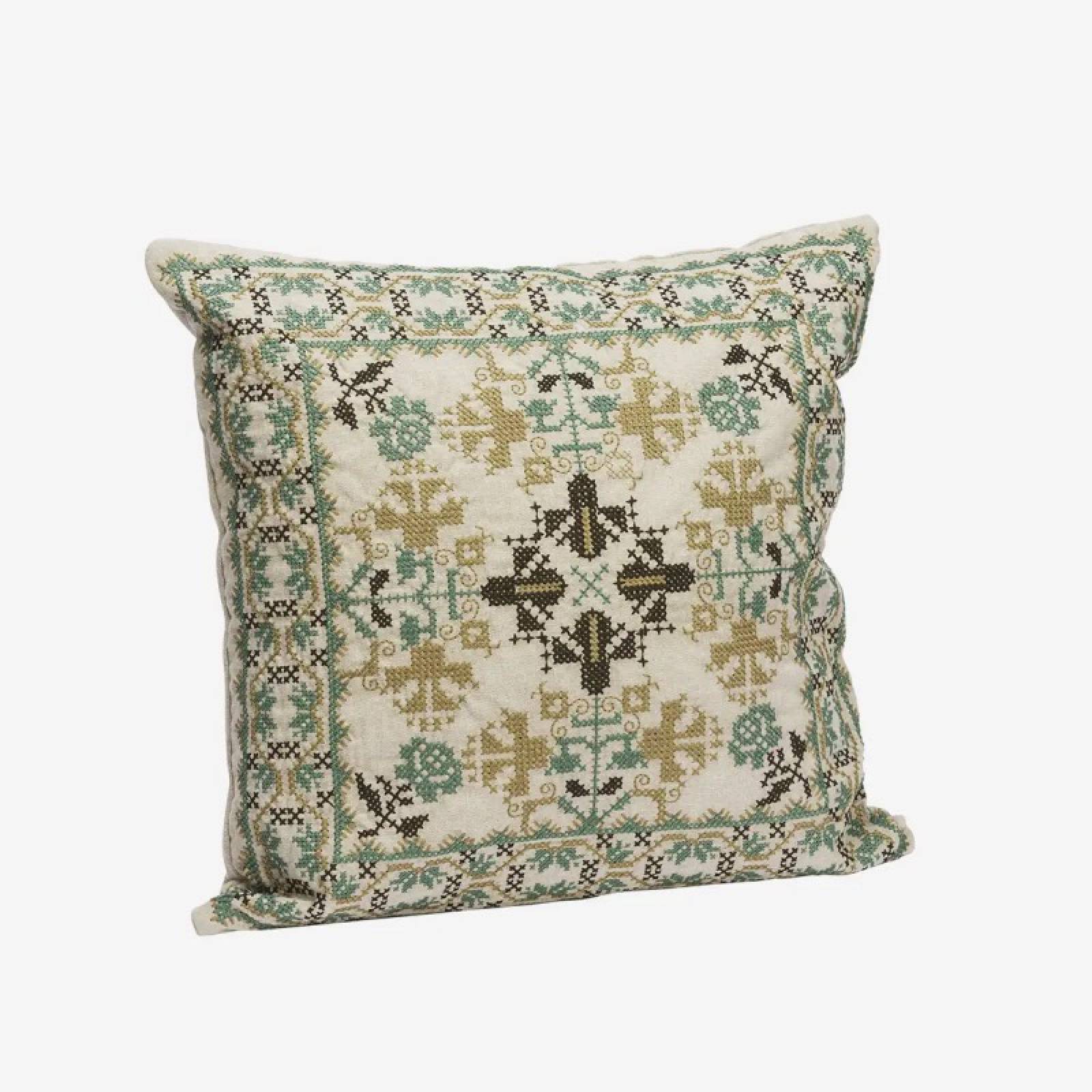 Square Embroidered Cushion In Olive & Khaki
