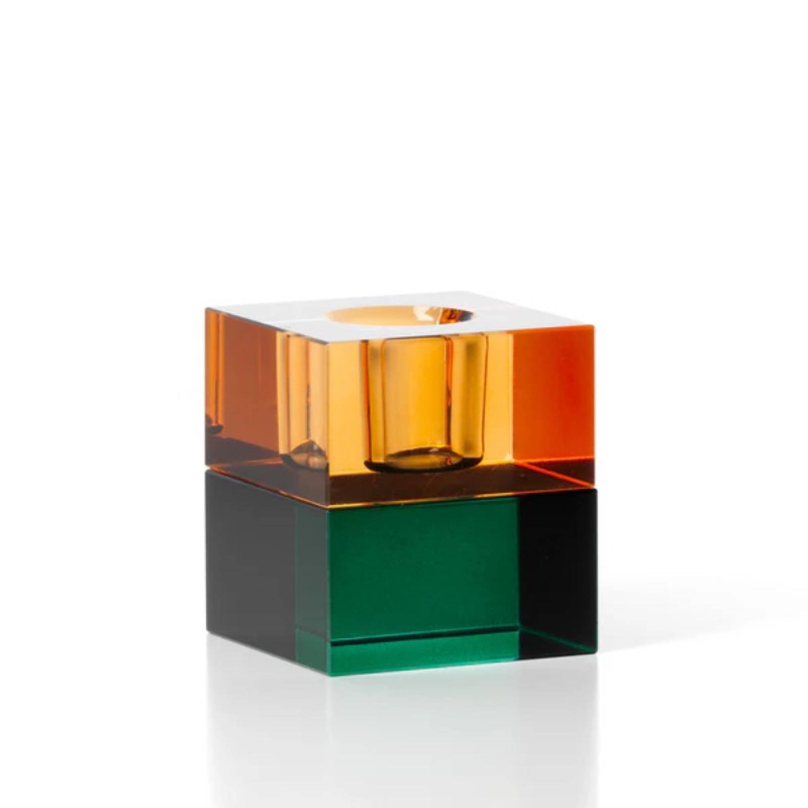 Square Glass Candle Holder in Green Amber