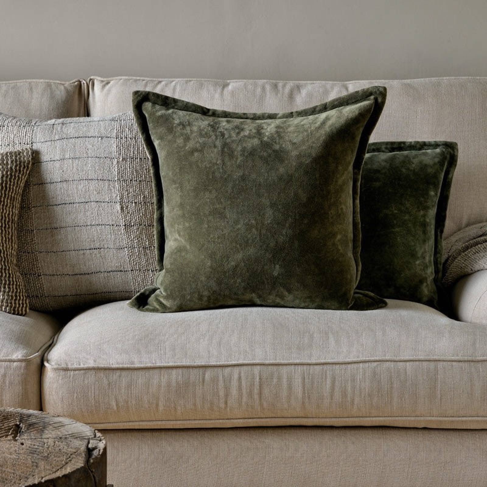 Square Pilani Velvet & Linen Cushion In Moss 50x50cm