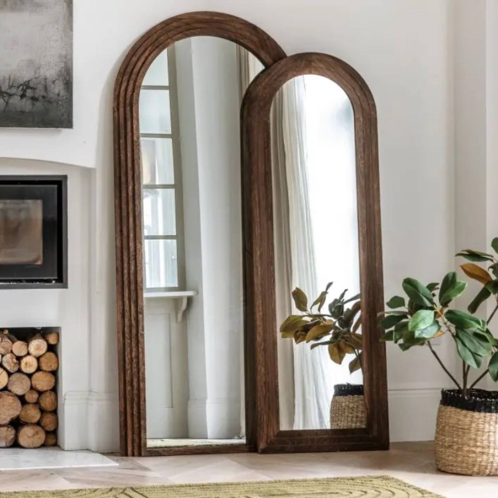 Tall Slim Wooden Arched Mirror With Ridged Detailing 54x163cm thumbnails