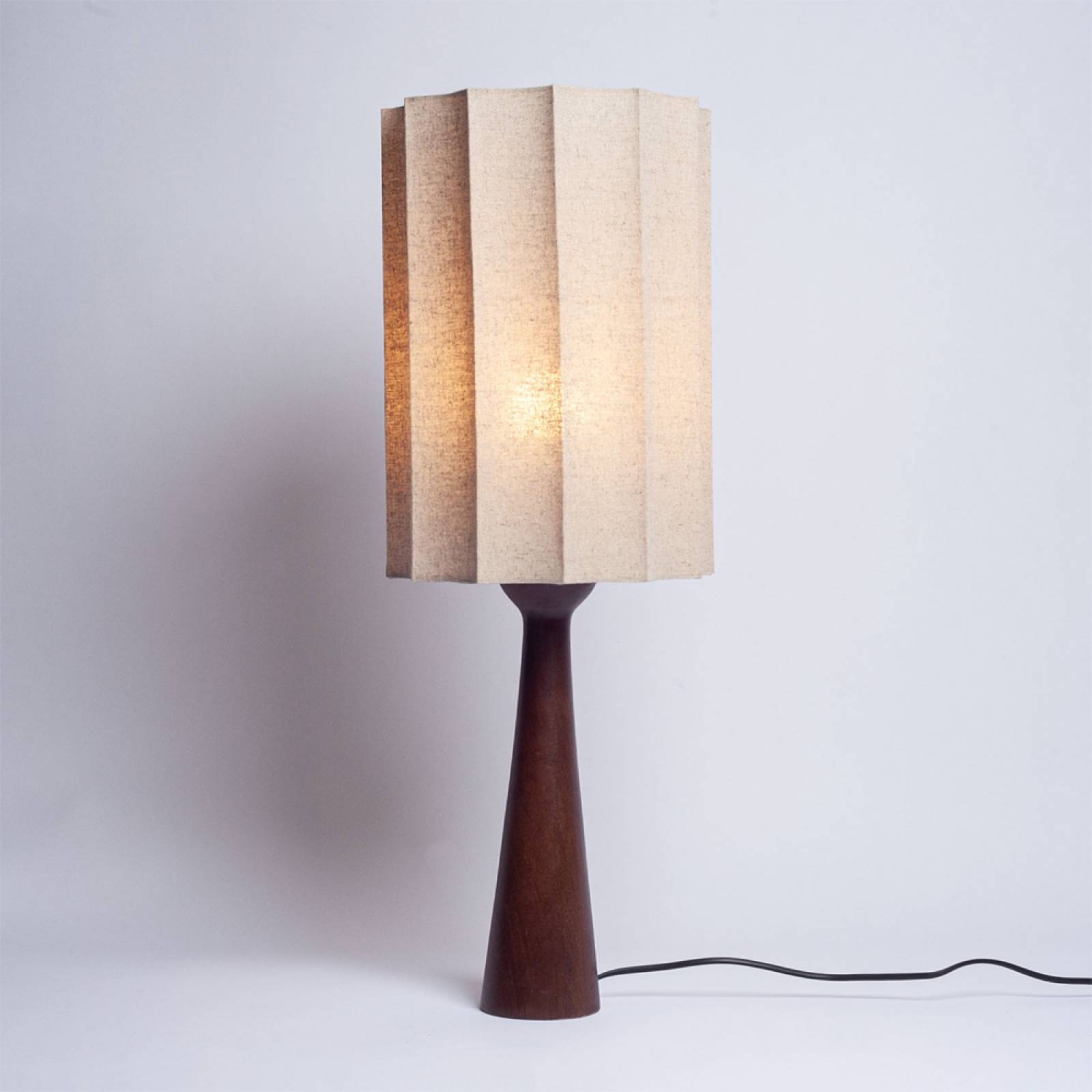 Tall Wooden Table Lamp In Russet With Octagonal Linen Shade