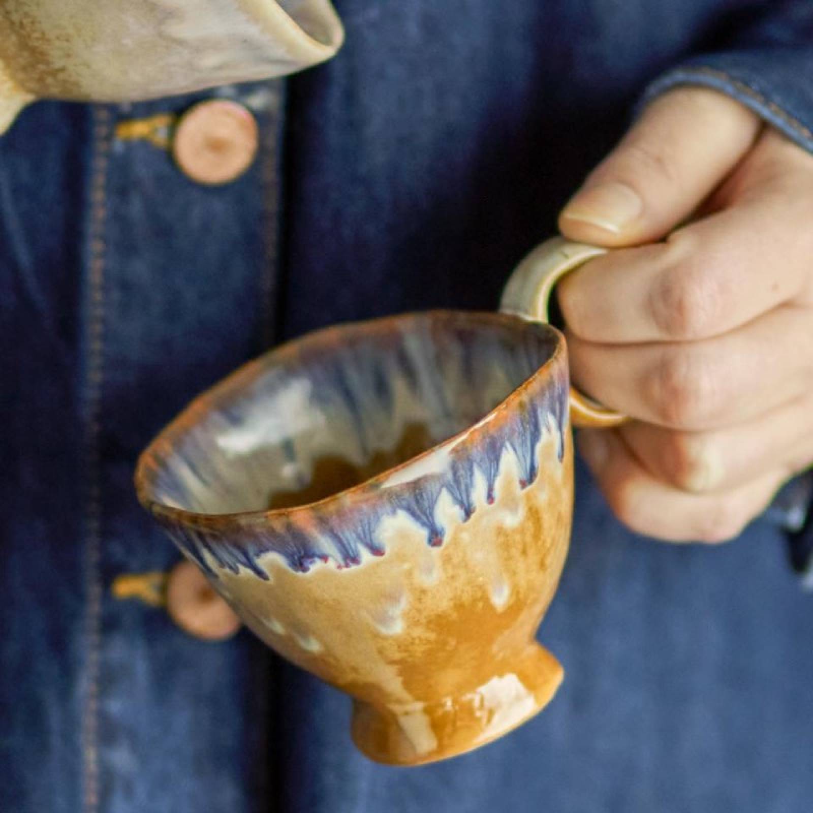 Tapered Stoneware Cup In Blue & Brown Glaze thumbnails