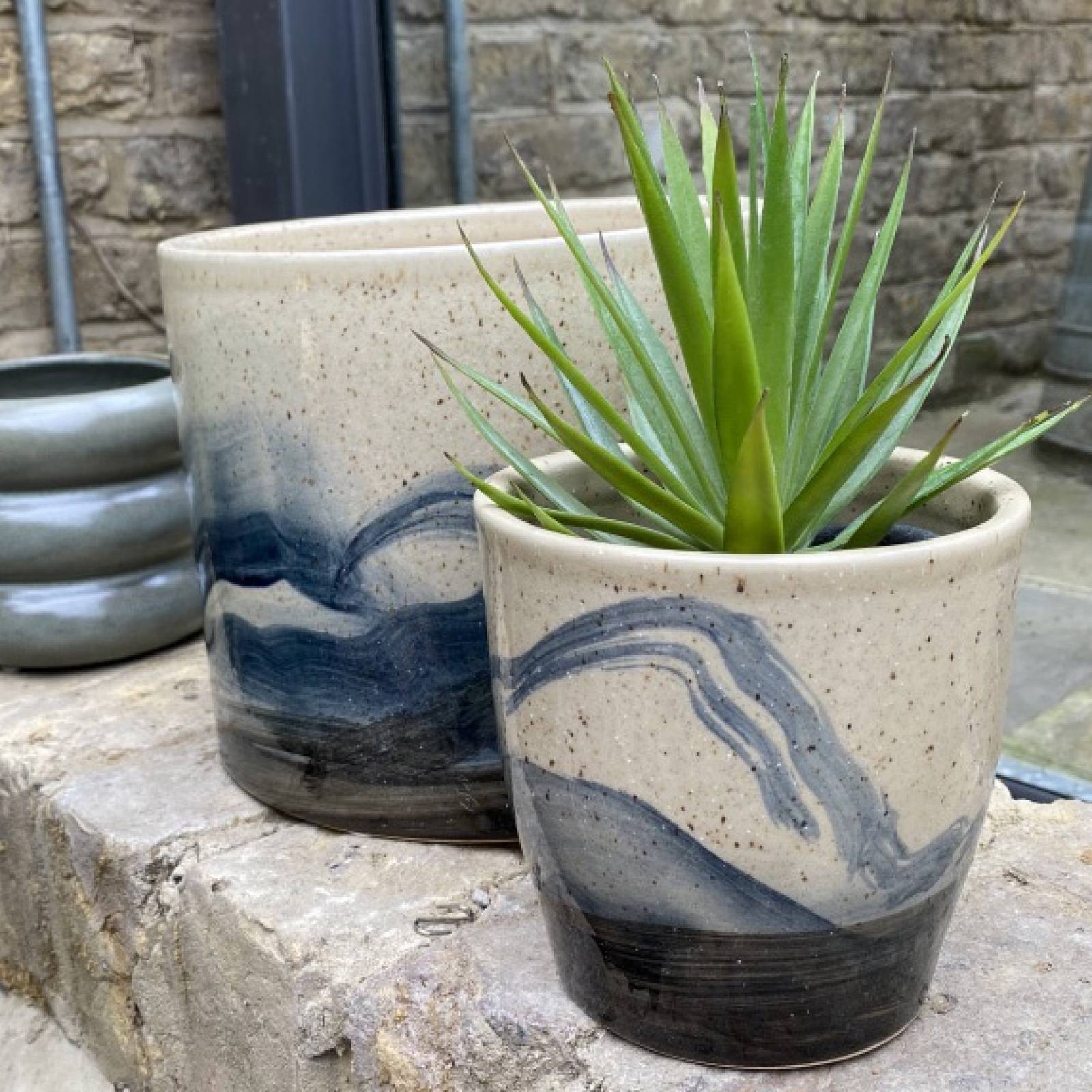 Tapered Hand Painted Blue & Beige Speckled Wave Plant Pot thumbnails