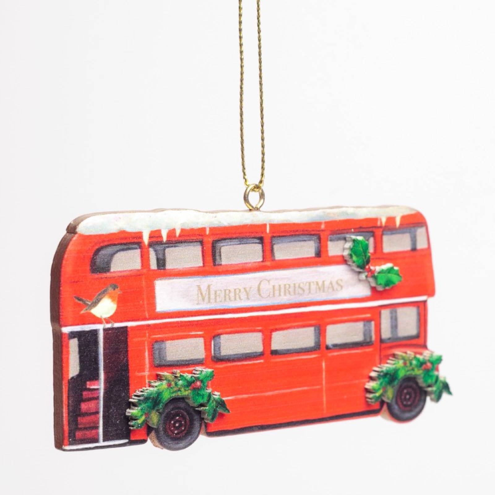 Wooden London Bus With Holly Hanging Christmas Decoration thumbnails