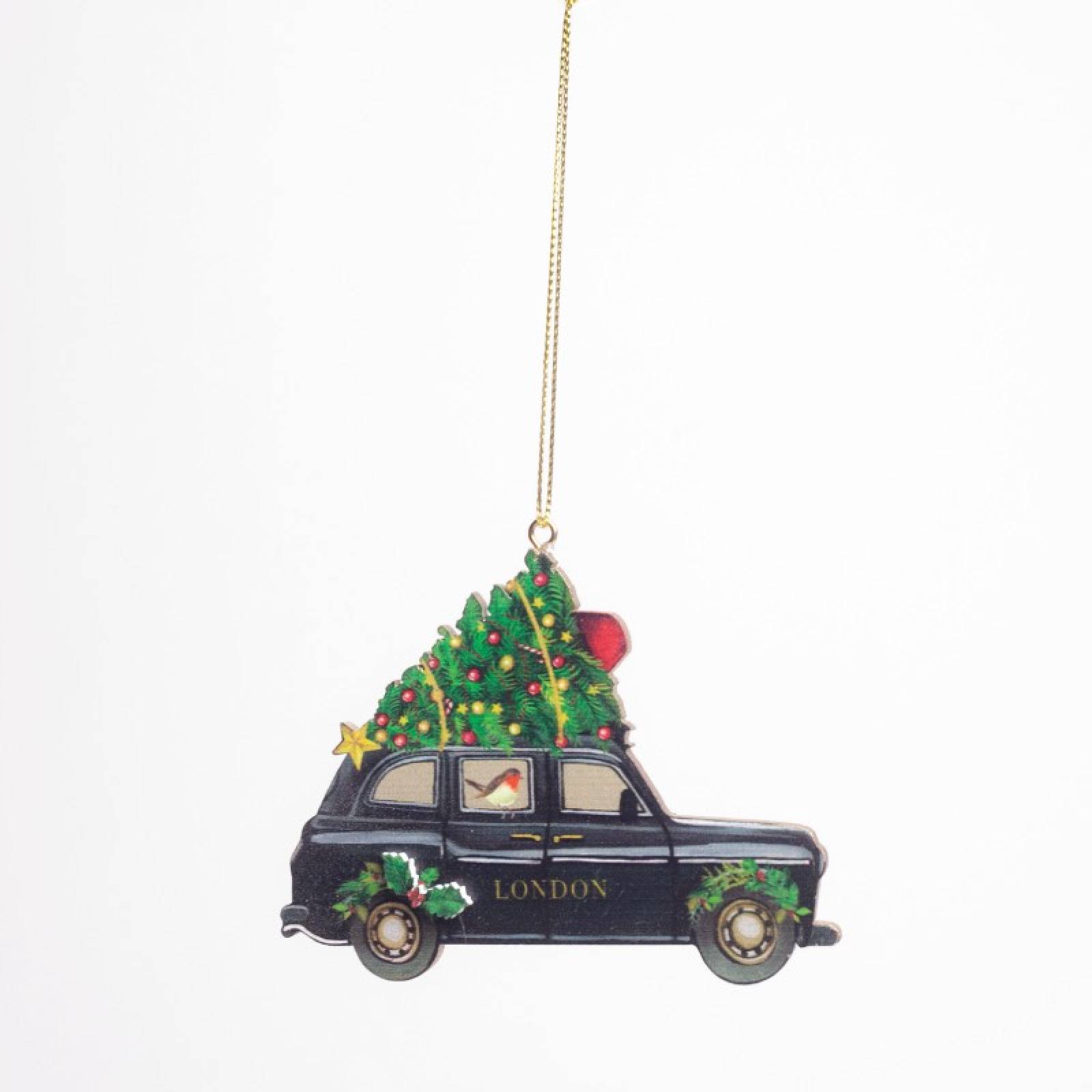 Wooden London Taxi With Robin Hanging Christmas Decoration thumbnails