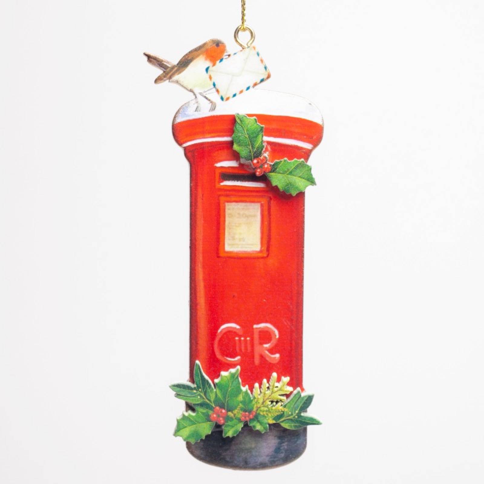 Wooden Post Box With Robin Hanging Christmas Decoration