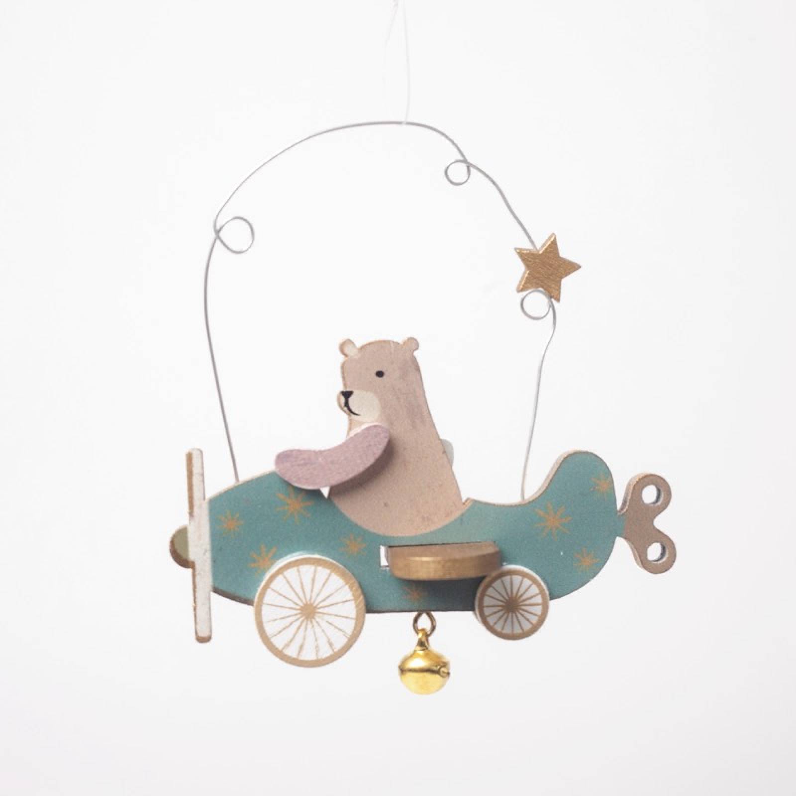 Wooden Teddy Bear In Plane Hanging Christmas Decoration