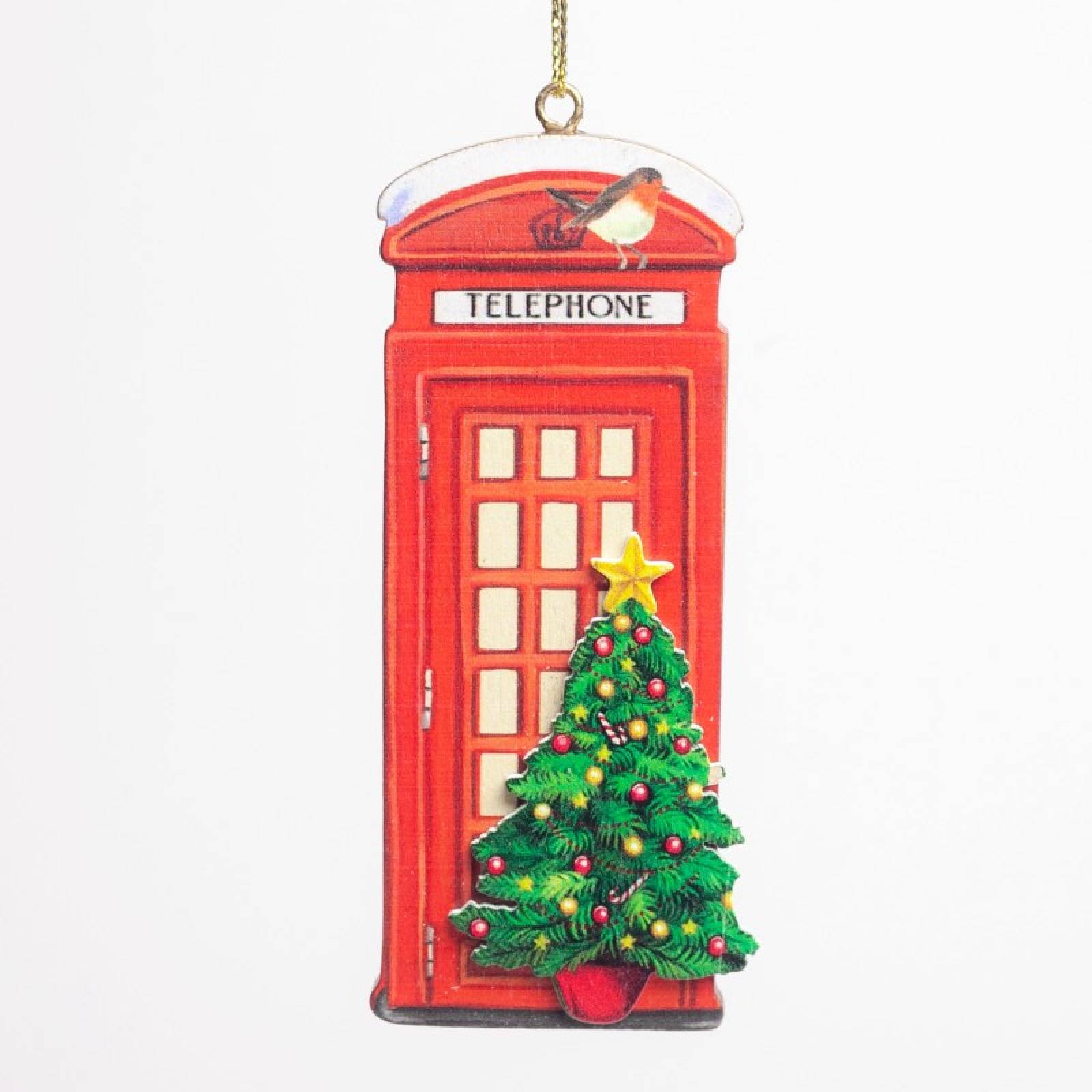 Wooden Telephone Box With Tree Hanging Christmas Decoration