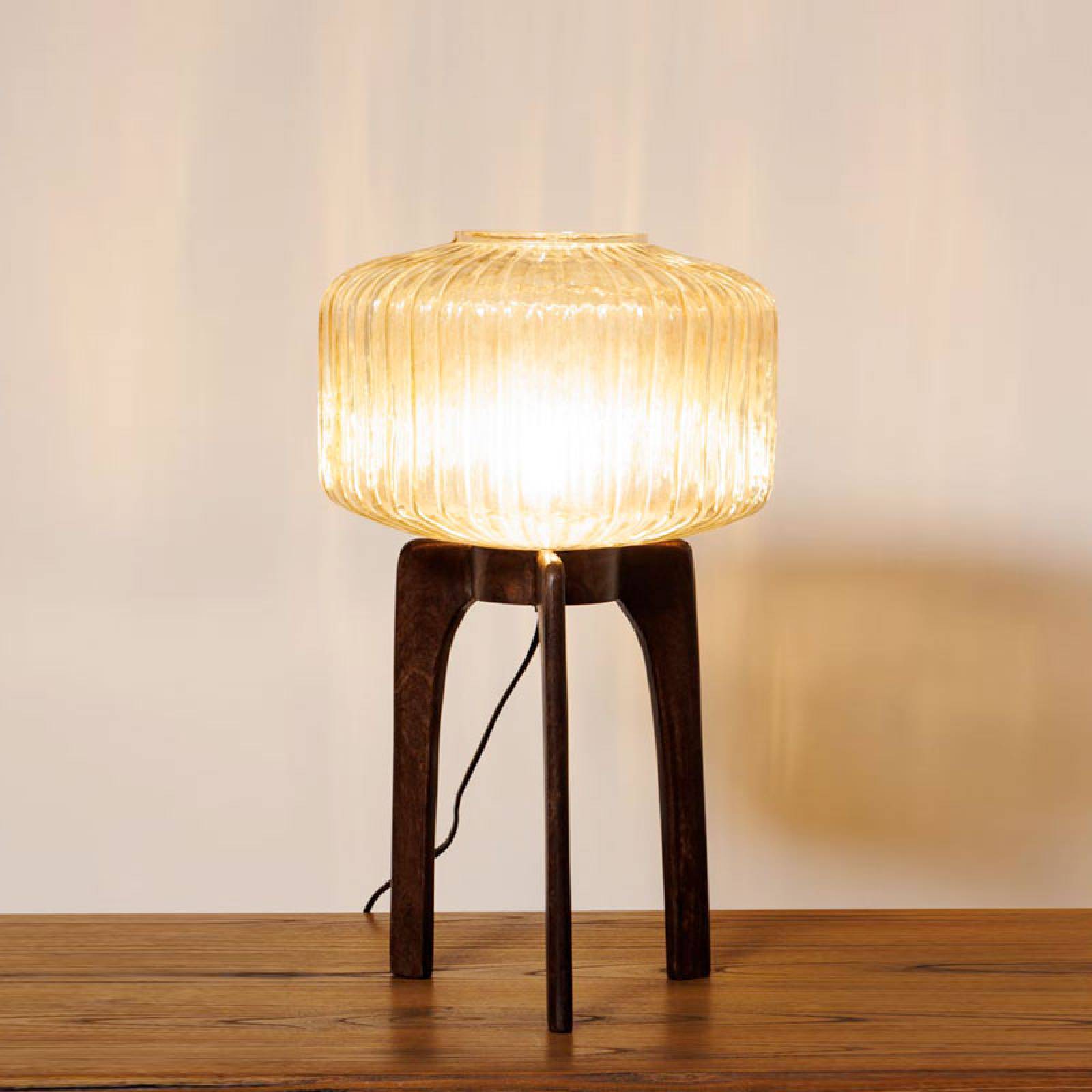Wooden Tripod Lamp With Glass RIbbed Shade H: 50cm thumbnails