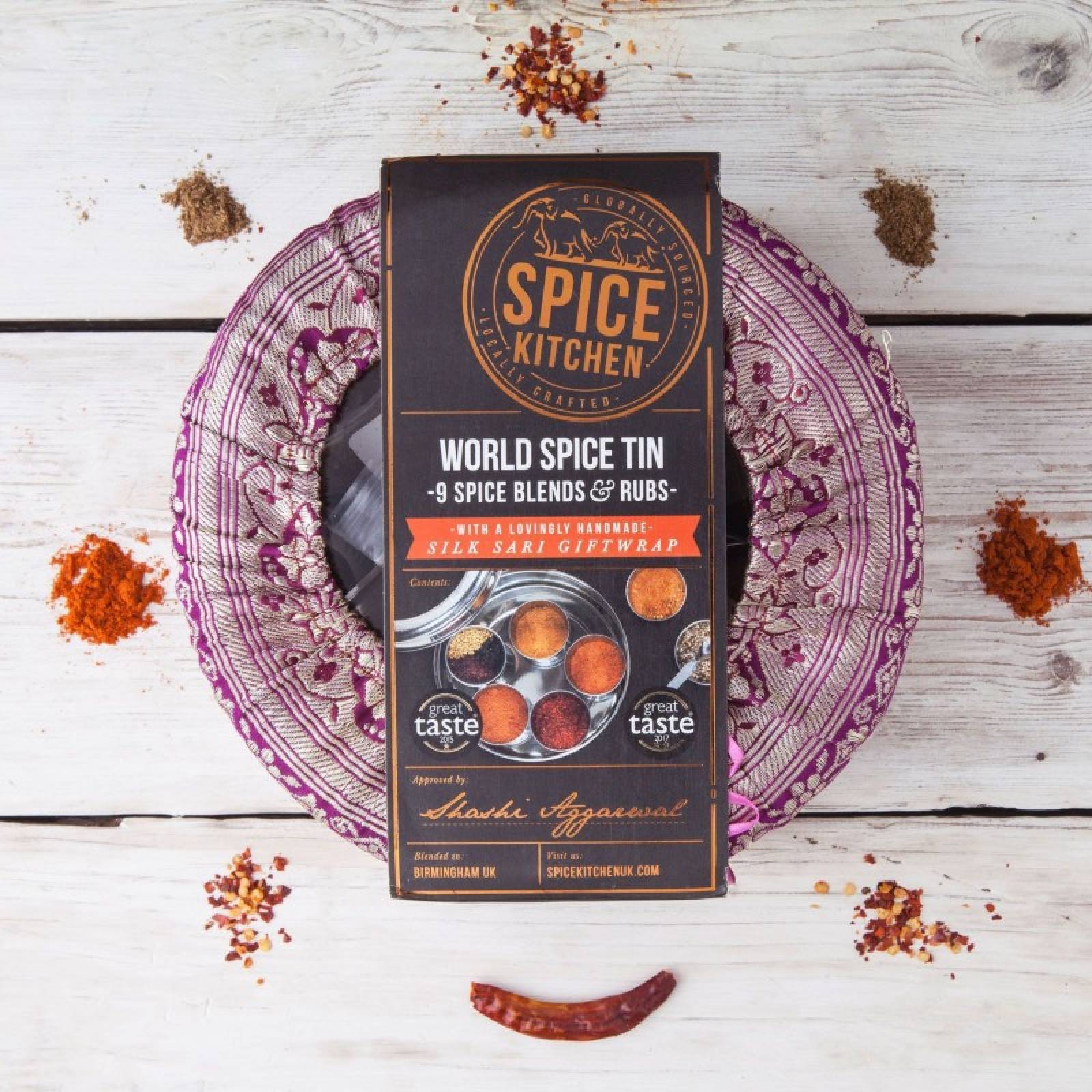 World Spice Tin With 9 Spices & Rubs With Silk Sari Wrap