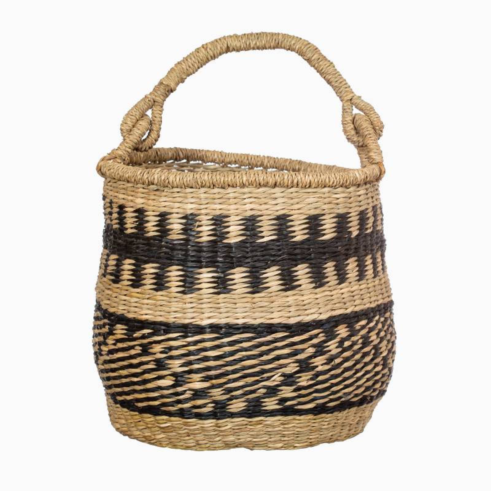 Woven Seagrass Basket With Handle & Black Decorative Pattern