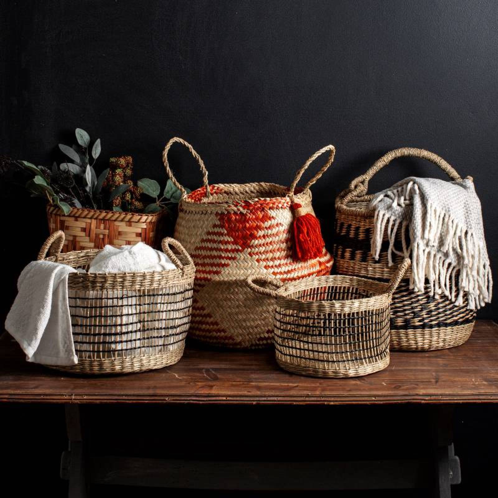 Woven Seagrass Basket With Handle & Black Decorative Pattern thumbnails