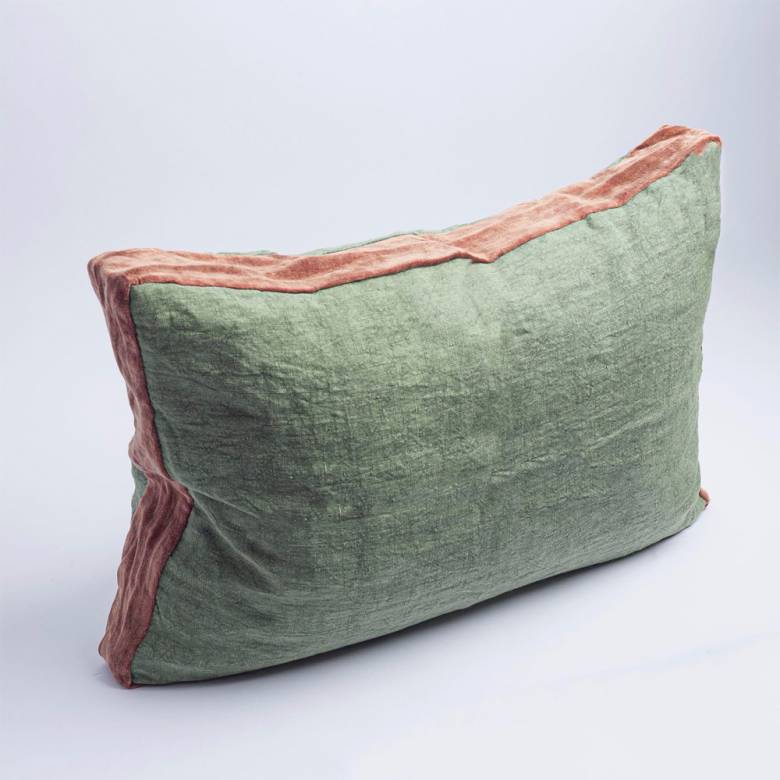 Alpha Rectangular Linen Cushion In Green & Pink Trim 60x40cm