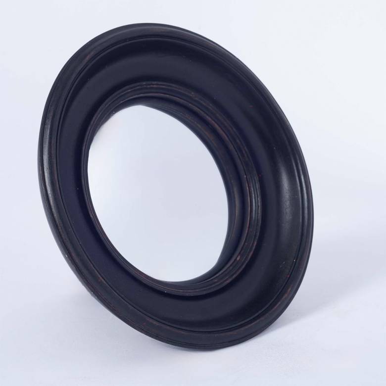 Antiqued Black Deep Framed Medium Convex Mirror D:23cm