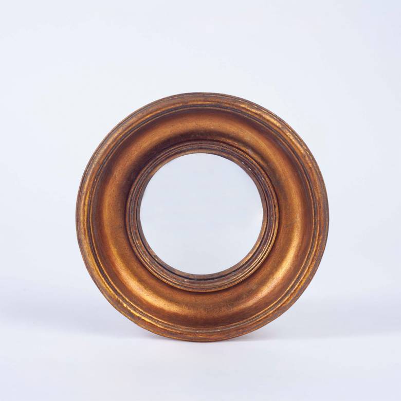 Antiqued Gold Deep Framed Small Convex Mirror D:19cm