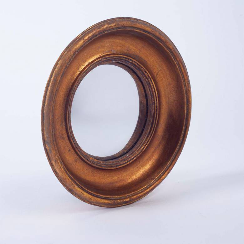 Antiqued Gold Deep Framed Small Convex Mirror D:19cm