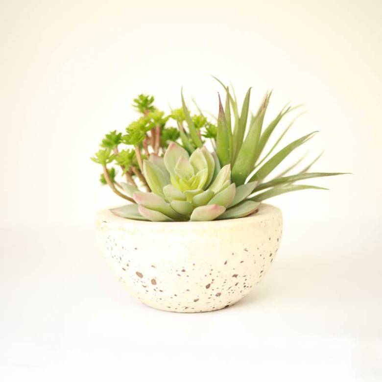 Assorted Faux Green Succulents Arranged In Grey Cement Bowl
