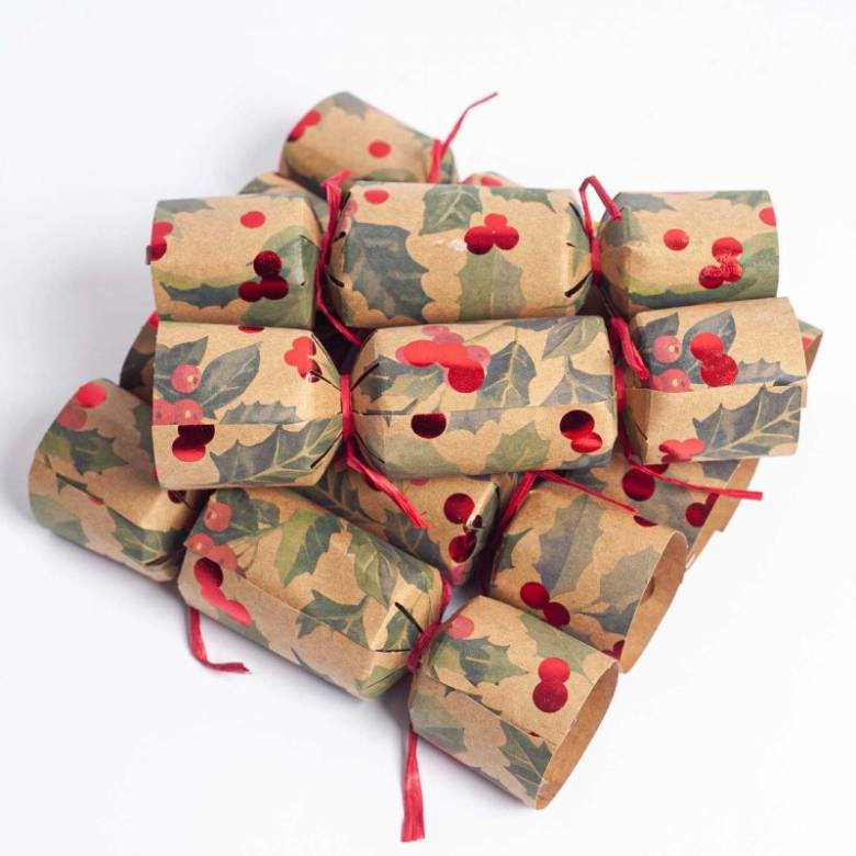 Box Of 6 Petite Christmas Crackers - Kraft Holly