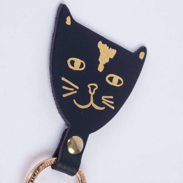 Cat Head Leather Keyring In Black