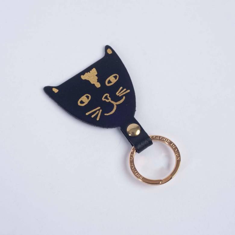Cat Head Leather Keyring In Black
