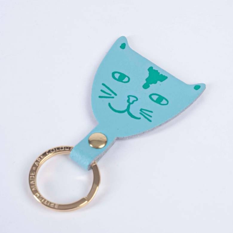Cat Head Leather Keyring In Turquoise