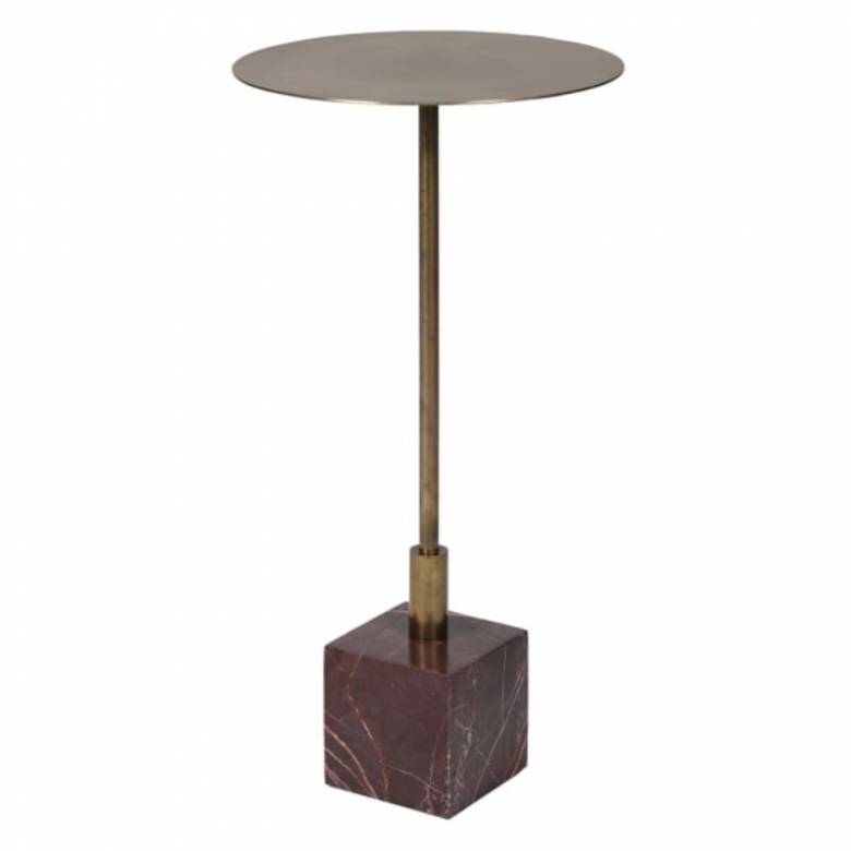 Circular Gold Side Table With Burgundy Marble Cube Base