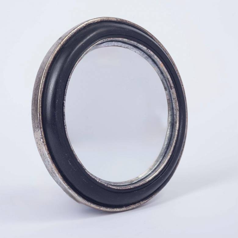 Circular Convex Mirror With Black Silver Patinated Frame D:19cm