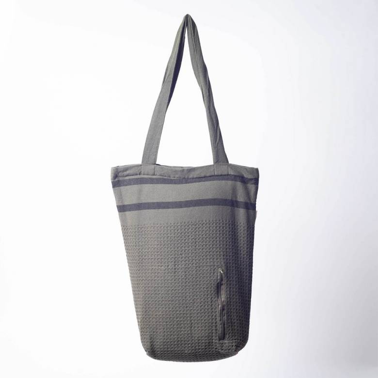 Cotton Waffle Tote Bag With Stripes In Khaki