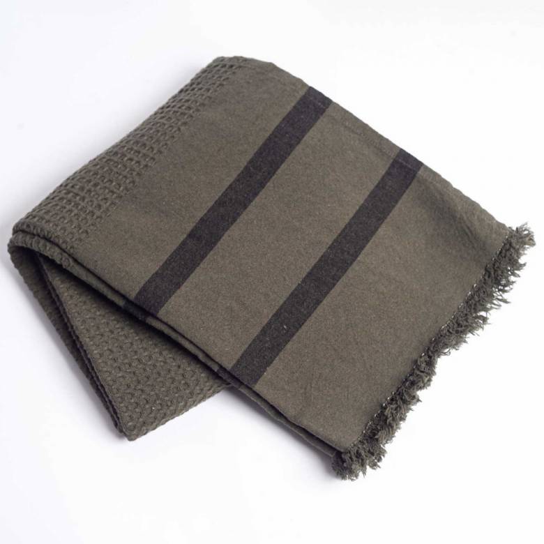 Cotton Waffle Towel With Stripes In Khaki